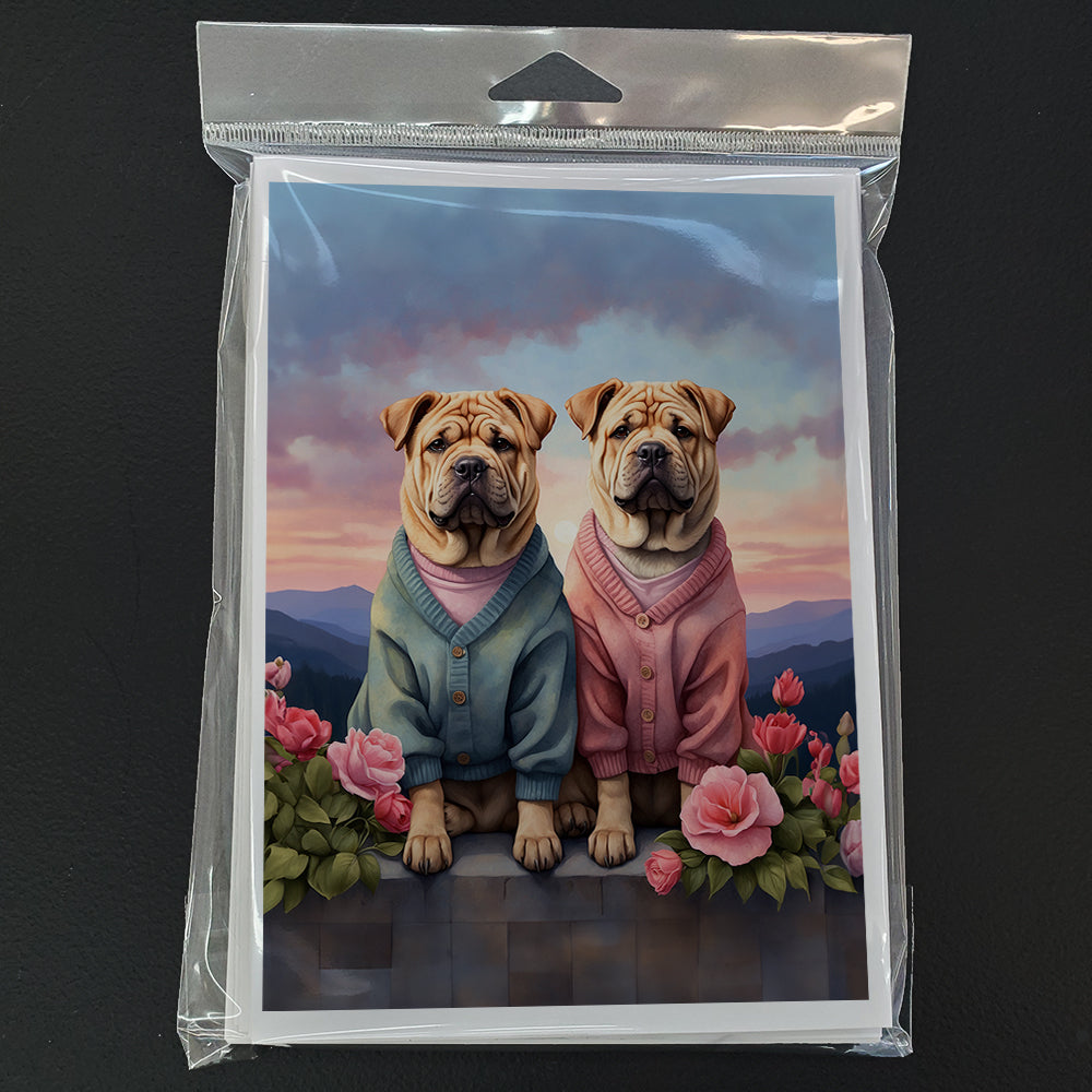 Shar Pei Two Hearts Greeting Cards Pack of 8 Blank Cards with Envelopes Whimsical A7 Size 5x7