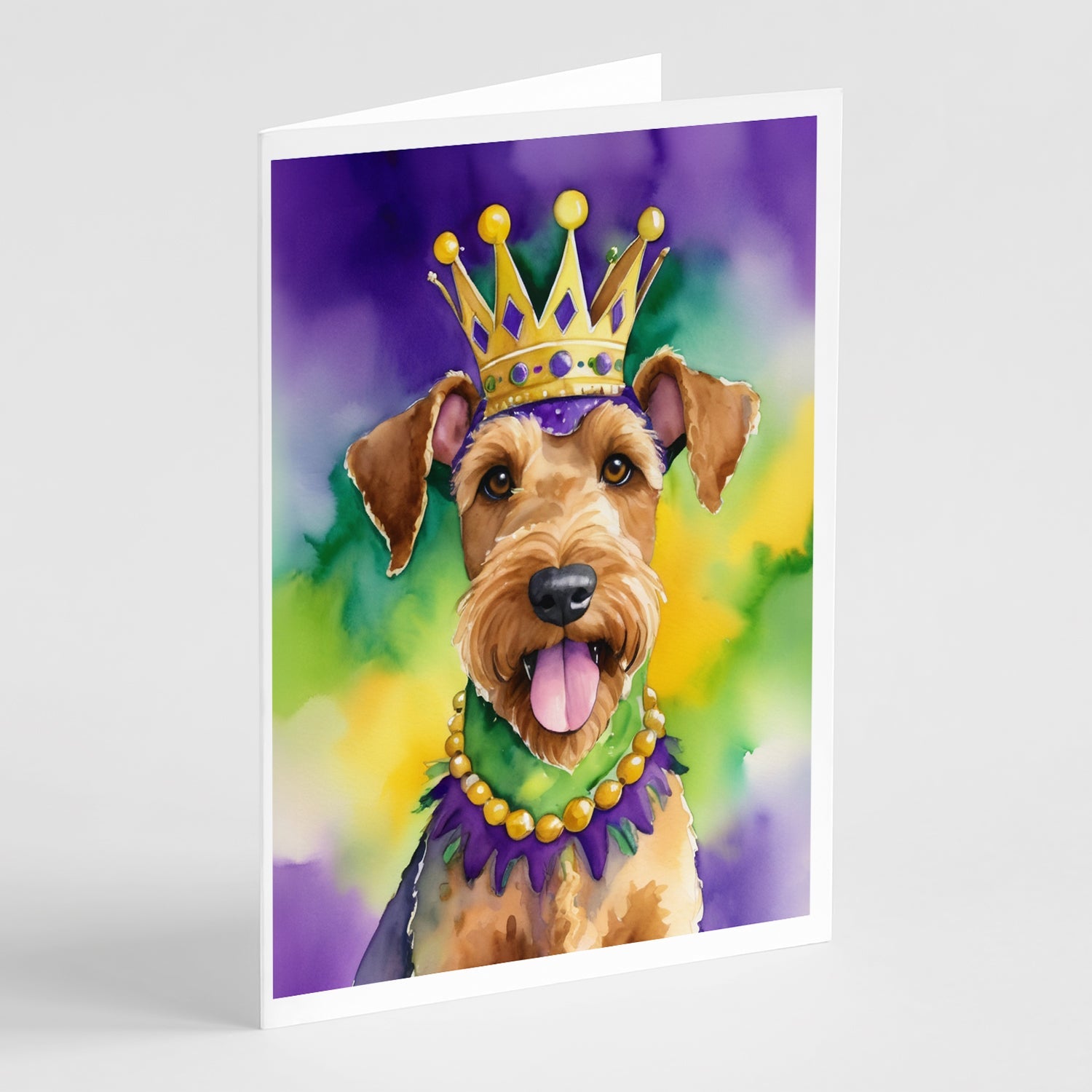 Airedale Terrier King of Mardi Gras Greeting Cards Pack of 8 Blank Cards with Envelopes Whimsical A7 Size 5x7