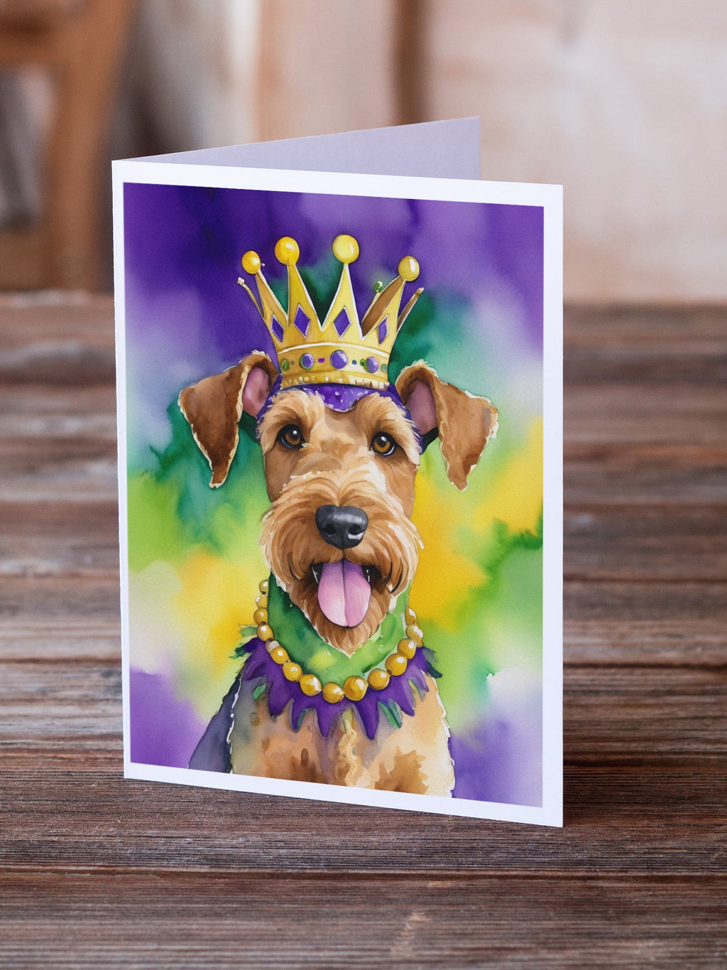 Airedale Terrier King of Mardi Gras Greeting Cards Pack of 8 Blank Cards with Envelopes Whimsical A7 Size 5x7