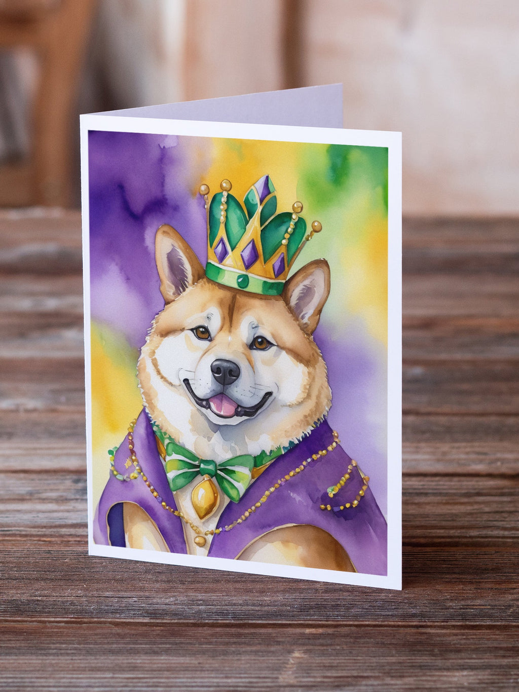 Akita King of Mardi Gras Greeting Cards Pack of 8 Blank Cards with Envelopes Whimsical A7 Size 5x7