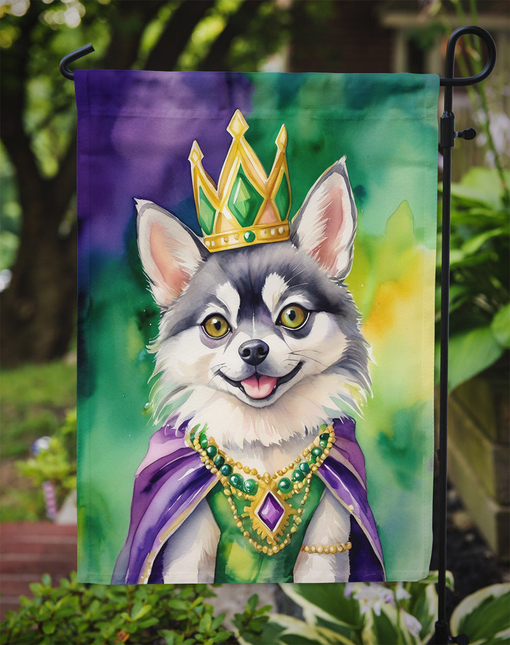Alaskan Klee Kai King of Mardi Gras Garden Flag Mailbox Decorative Yard Banner Outside Patio Artwork for Flower Beds, Garden Size, Multicolor