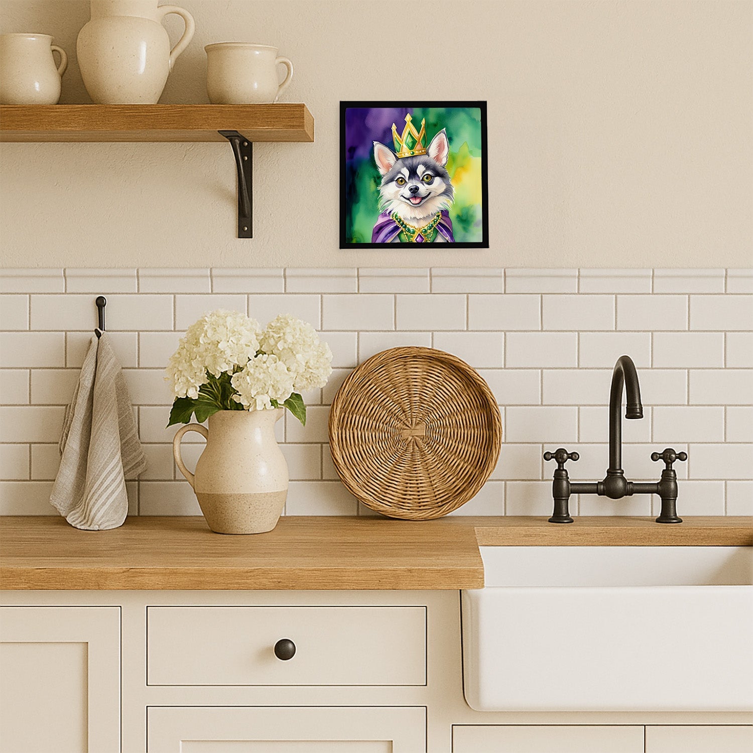Alaskan Klee Kai King of Mardi Gras Framed Metal Print Bathroom, Kitchen, Office, Home Decor Wall Art Ready to Hang, Square, 8X8