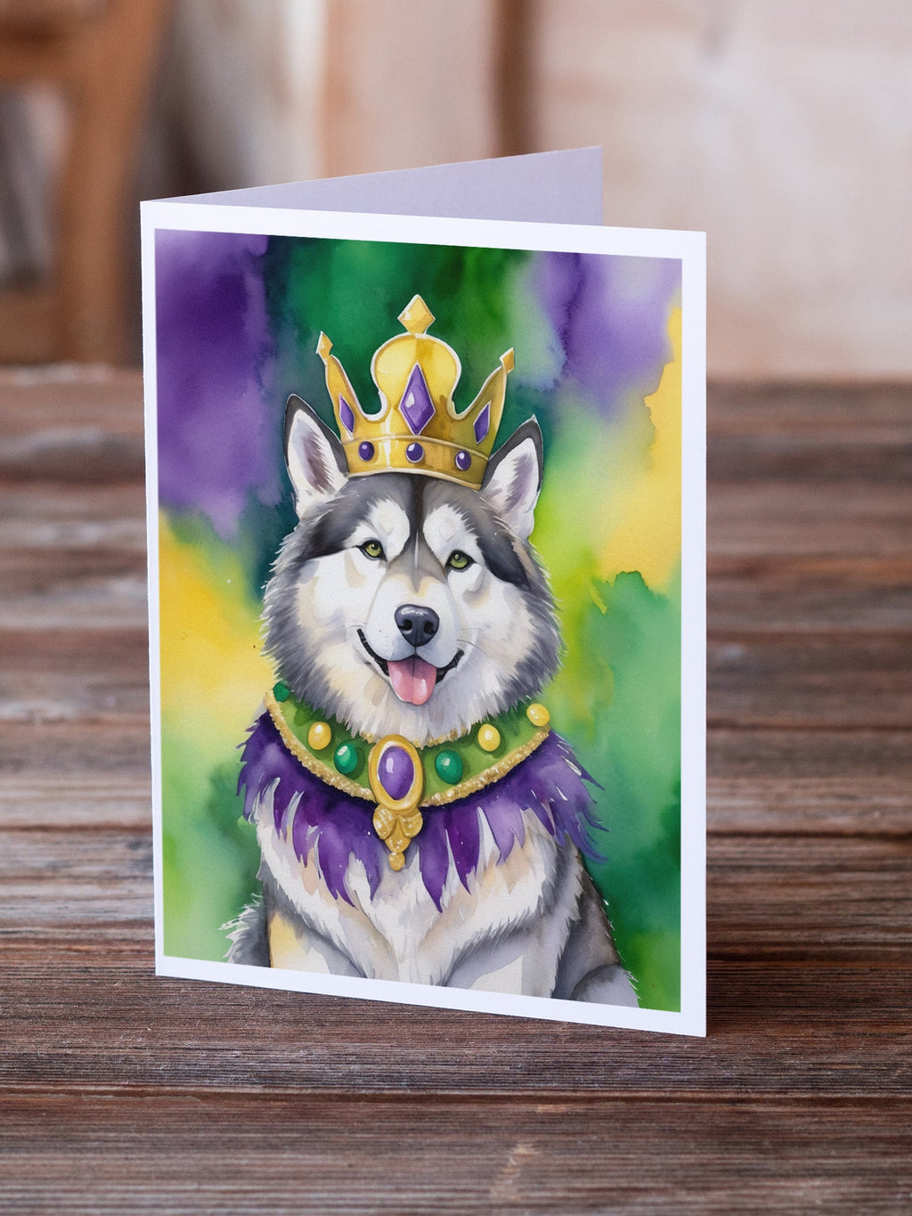 Alaskan Malamute King of Mardi Gras Greeting Cards Pack of 8 Blank Cards with Envelopes Whimsical A7 Size 5x7