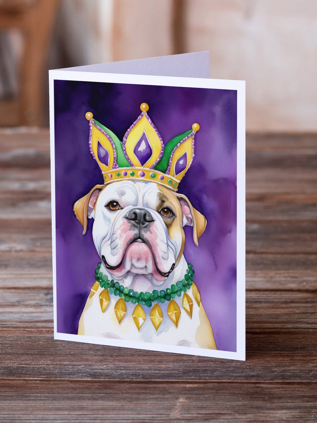 American Bulldog King of Mardi Gras Greeting Cards Pack of 8 Blank Cards with Envelopes Whimsical A7 Size 5x7