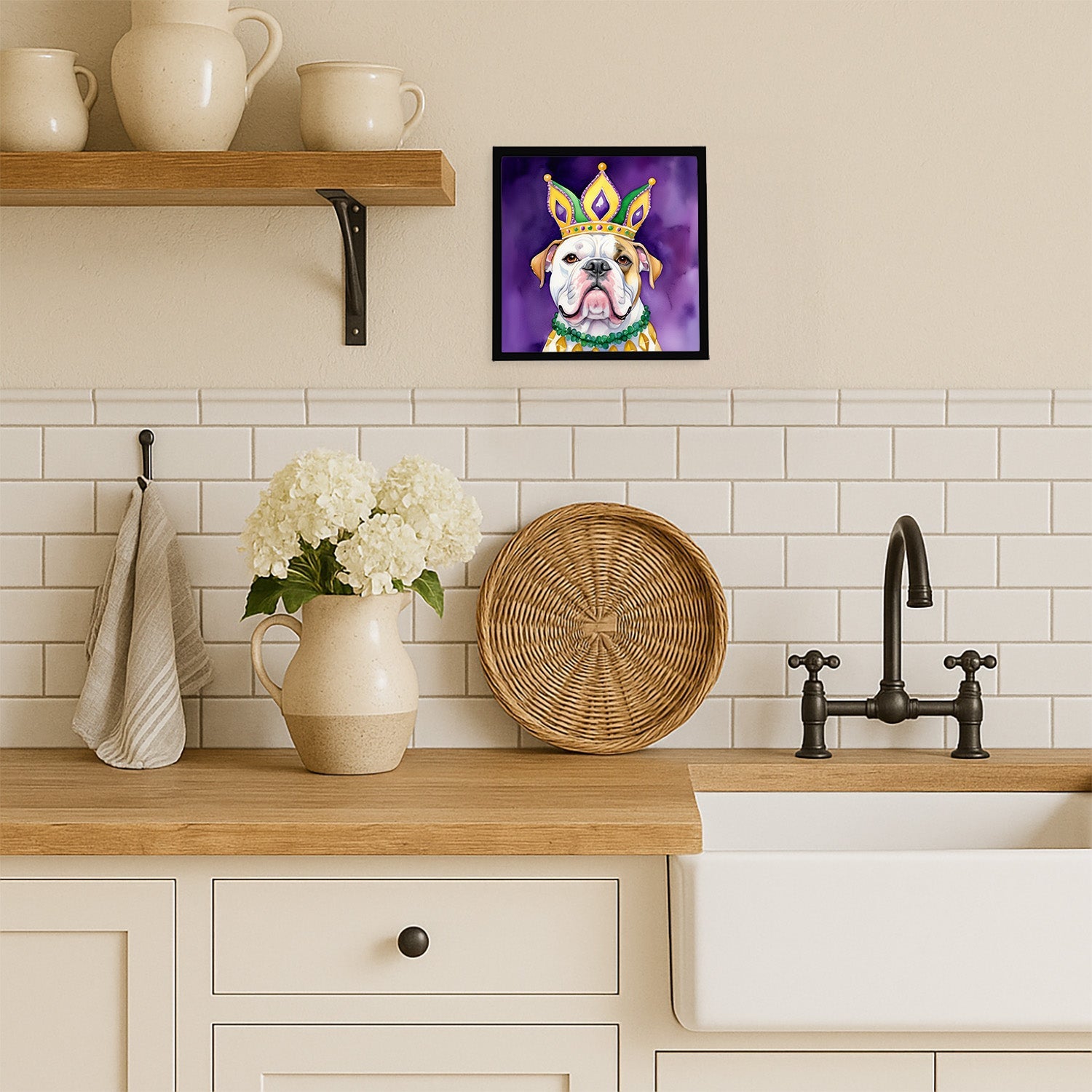 American Bulldog King of Mardi Gras Framed Metal Print Bathroom, Kitchen, Office, Home Decor Wall Art Ready to Hang, Square, 8X8