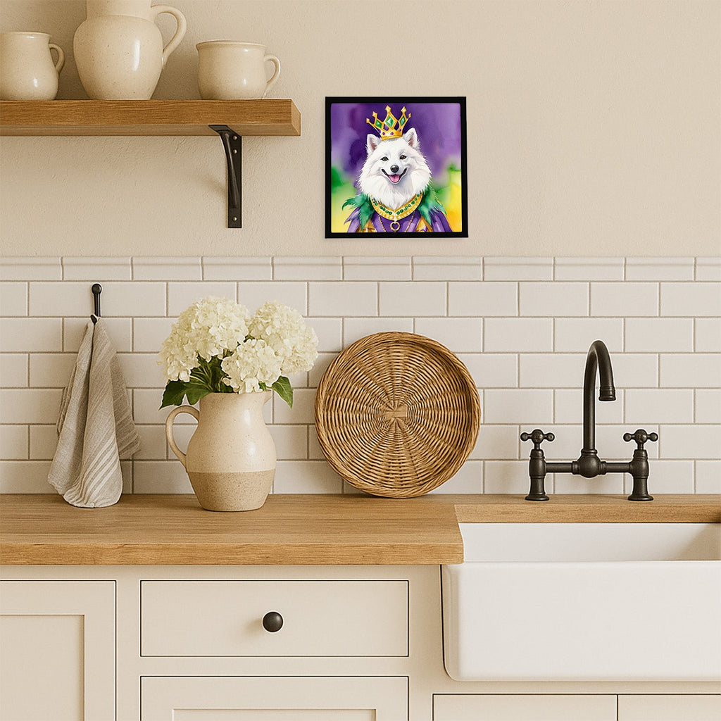 American Eskimo King of Mardi Gras Framed Metal Print Bathroom, Kitchen, Office, Home Decor Wall Art Ready to Hang, Square, 8X8