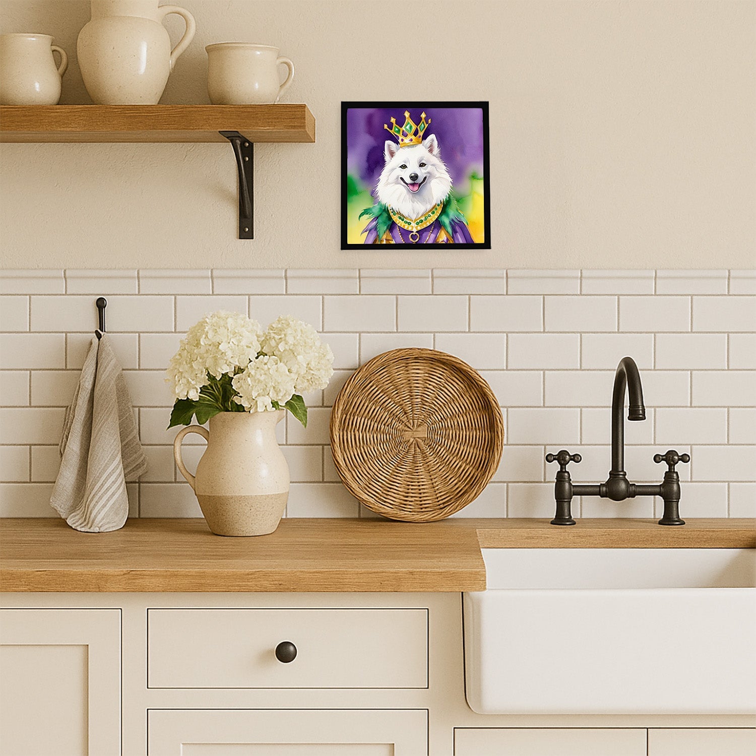 American Eskimo King of Mardi Gras Framed Metal Print Bathroom, Kitchen, Office, Home Decor Wall Art Ready to Hang, Square, 8X8