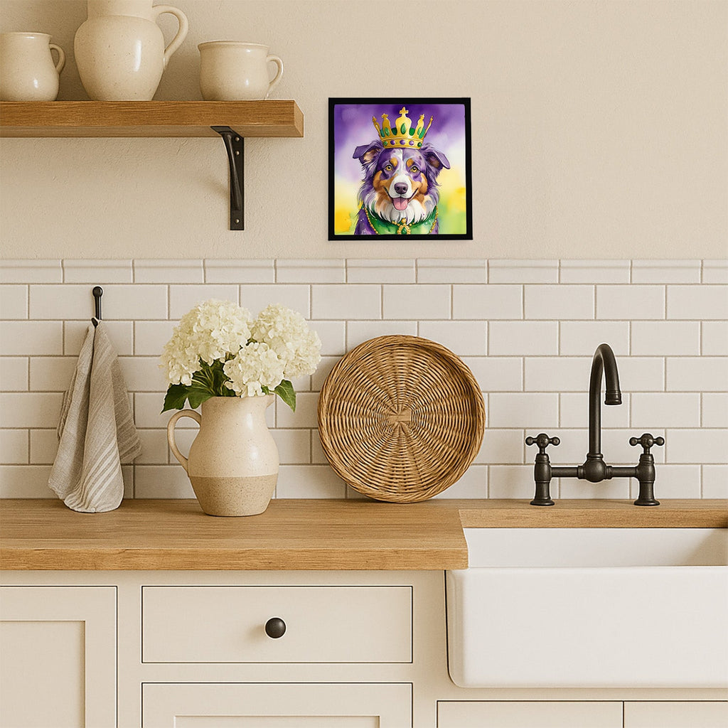 Australian Shepherd King of Mardi Gras Framed Metal Print Bathroom, Kitchen, Office, Home Decor Wall Art Ready to Hang, Square, 8X8