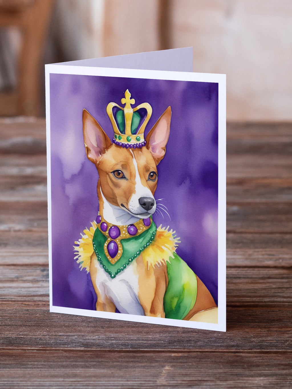 Basenji King of Mardi Gras Greeting Cards Pack of 8 Blank Cards with Envelopes Whimsical A7 Size 5x7