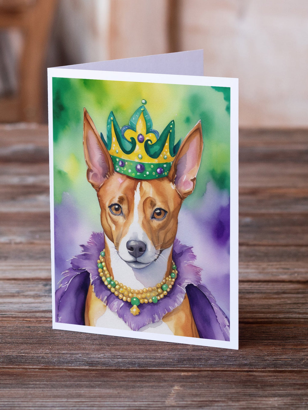 Basenji King of Mardi Gras Greeting Cards Pack of 8 Blank Cards with Envelopes Whimsical A7 Size 5x7