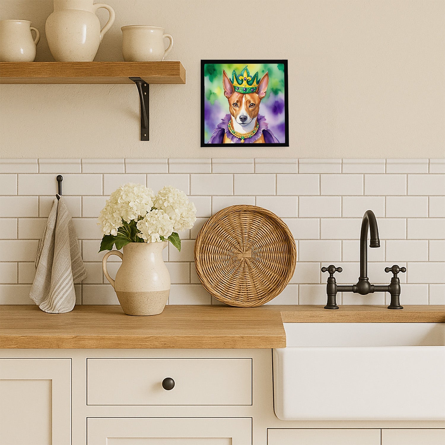 Basenji King of Mardi Gras Framed Metal Print Bathroom, Kitchen, Office, Home Decor Wall Art Ready to Hang, Square, 8X8