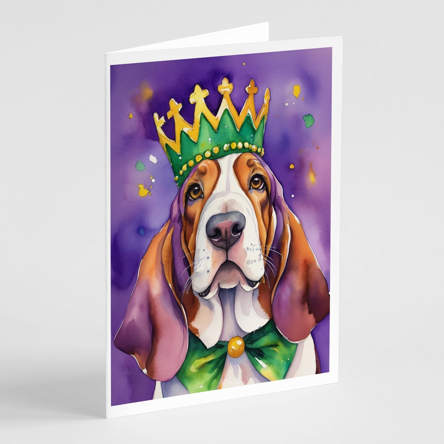 Basset Hound King of Mardi Gras Greeting Cards Pack of 8 Blank Cards with Envelopes Whimsical A7 Size 5x7