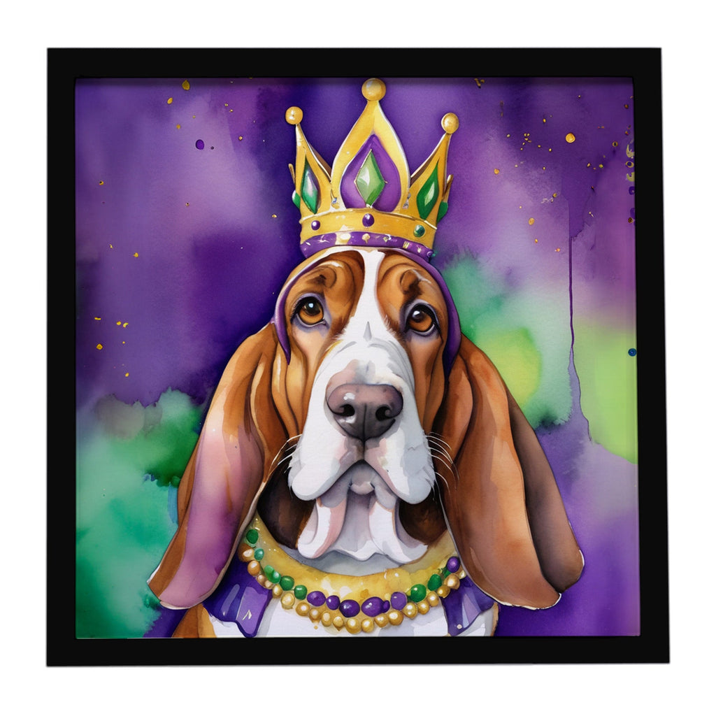 Basset Hound King of Mardi Gras Framed Metal Print Bathroom, Kitchen, Office, Home Decor Wall Art Ready to Hang, Square, 8X8