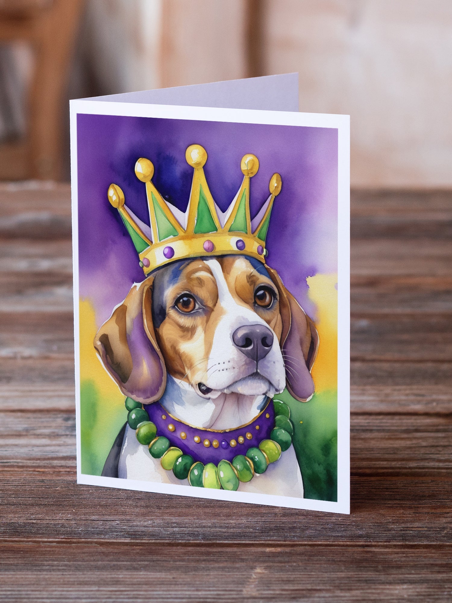Beagle King of Mardi Gras Greeting Cards Pack of 8 Blank Cards with Envelopes Whimsical A7 Size 5x7