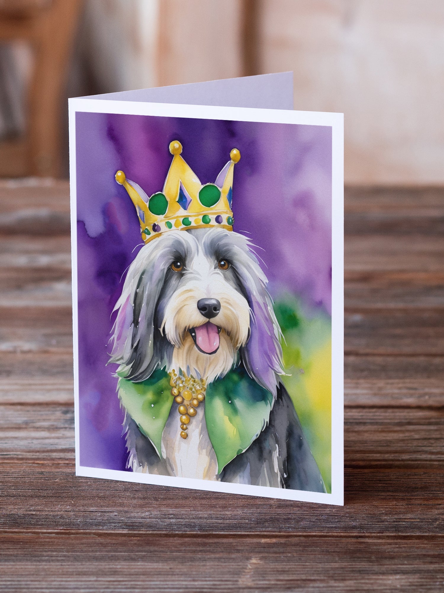 Bearded Collie King of Mardi Gras Greeting Cards Pack of 8 Blank Cards with Envelopes Whimsical A7 Size 5x7