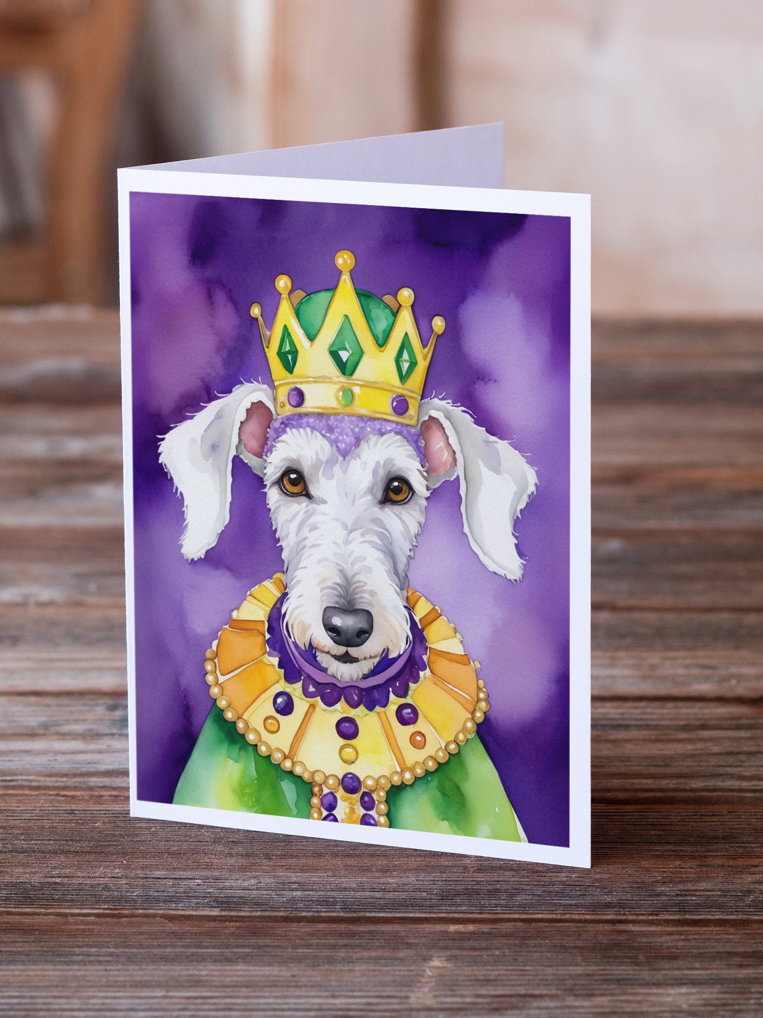 Bedlington Terrier King of Mardi Gras Greeting Cards Pack of 8 Blank Cards with Envelopes Whimsical A7 Size 5x7