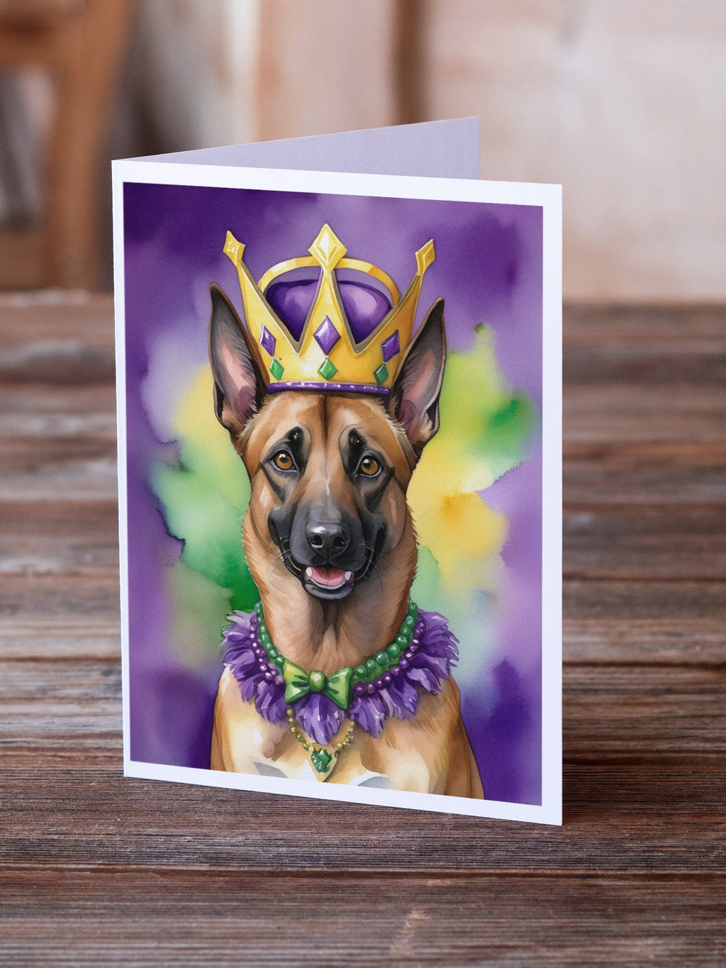 Belgian Malinois King of Mardi Gras Greeting Cards Pack of 8 Blank Cards with Envelopes Whimsical A7 Size 5x7