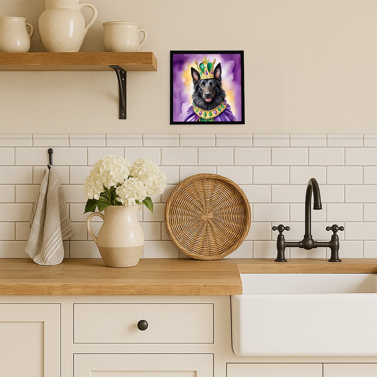 Belgian Sheepdog King of Mardi Gras Framed Metal Print Bathroom, Kitchen, Office, Home Decor Wall Art Ready to Hang, Square, 8X8