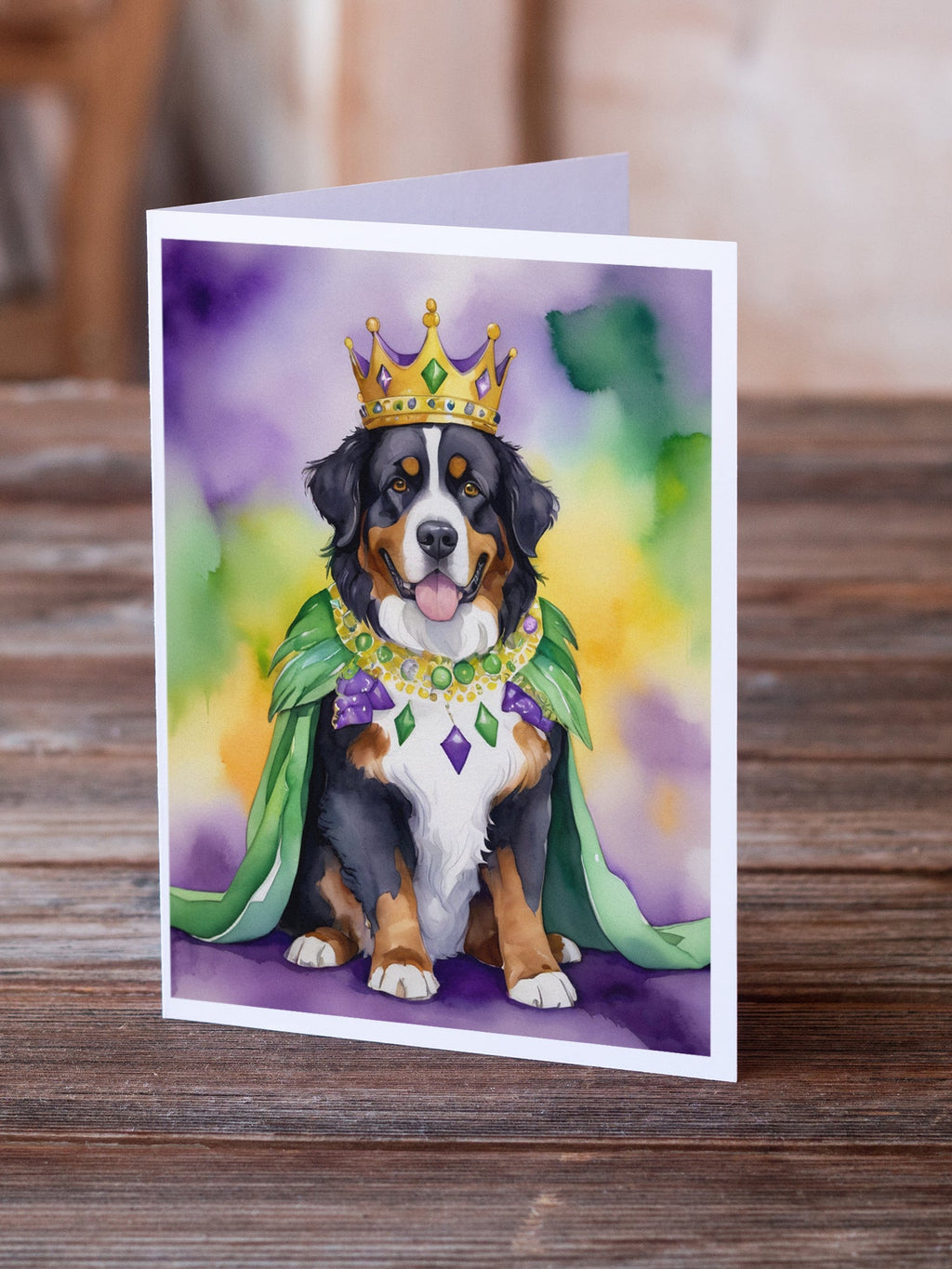 Bernese Mountain Dog King of Mardi Gras Greeting Cards Pack of 8 Blank Cards with Envelopes Whimsical A7 Size 5x7