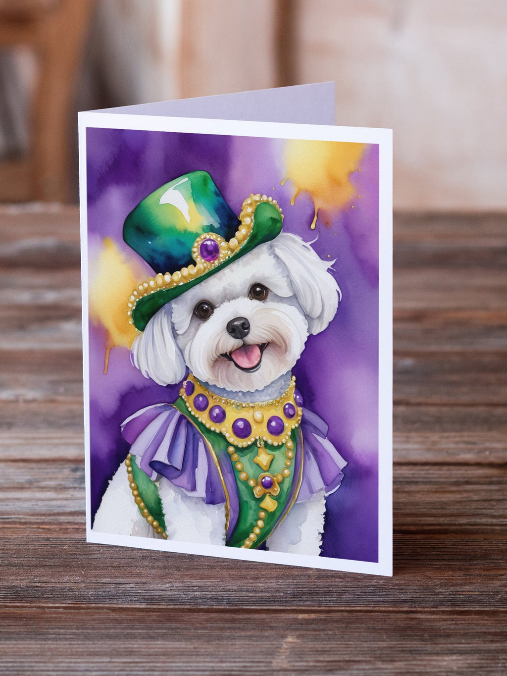 Bichon Frise King of Mardi Gras Greeting Cards Pack of 8 Blank Cards with Envelopes Whimsical A7 Size 5x7