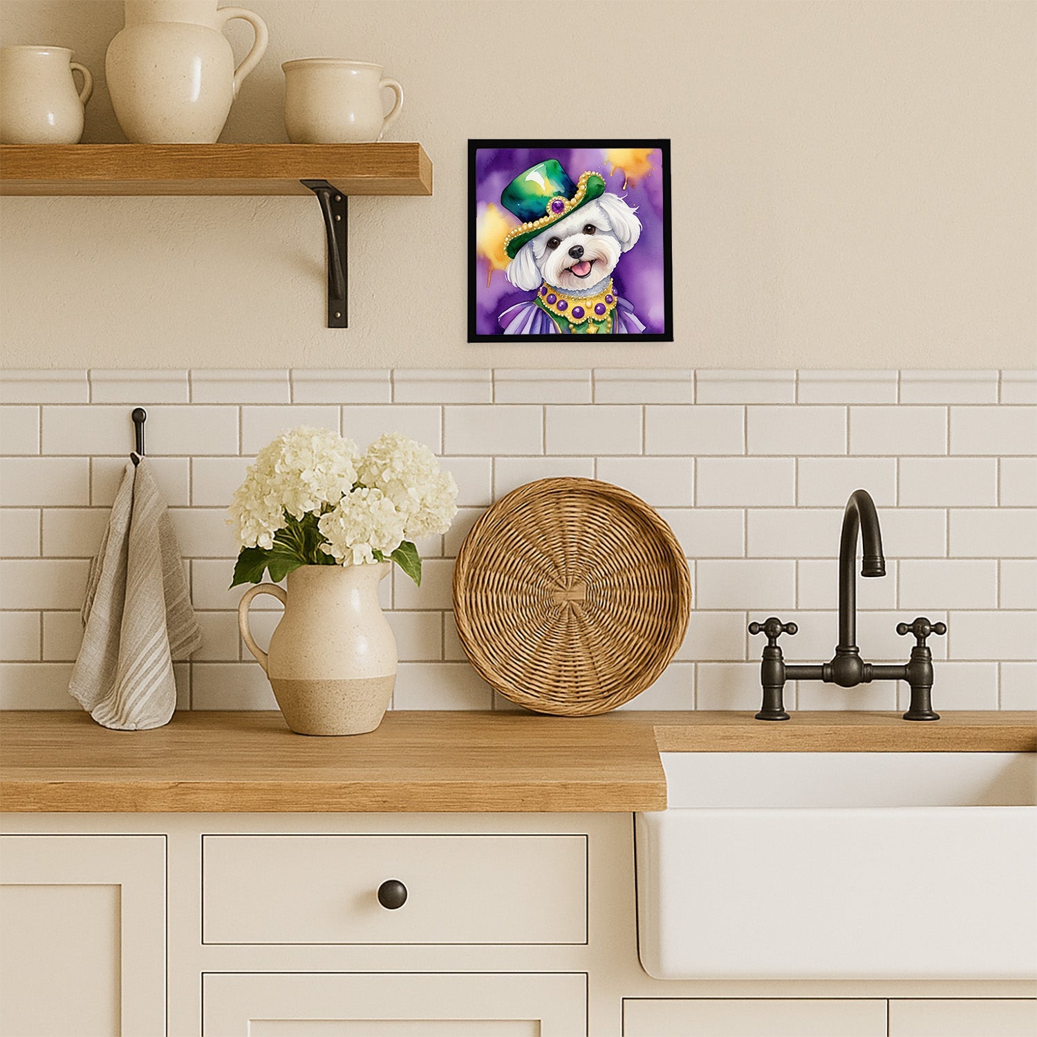 Bichon Frise King of Mardi Gras Framed Metal Print Bathroom, Kitchen, Office, Home Decor Wall Art Ready to Hang, Square, 8X8