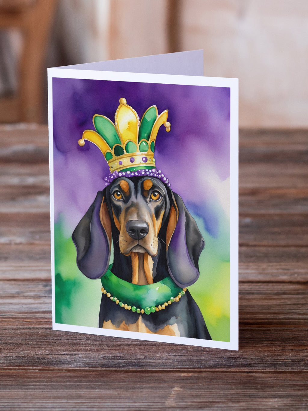 Black and Tan Coonhound King of Mardi Gras Greeting Cards Pack of 8 Blank Cards with Envelopes Whimsical A7 Size 5x7