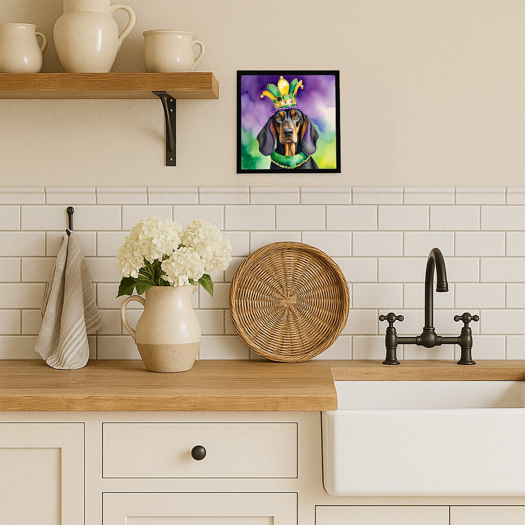 Black and Tan Coonhound King of Mardi Gras Framed Metal Print Bathroom, Kitchen, Office, Home Decor Wall Art Ready to Hang, Square, 8X8