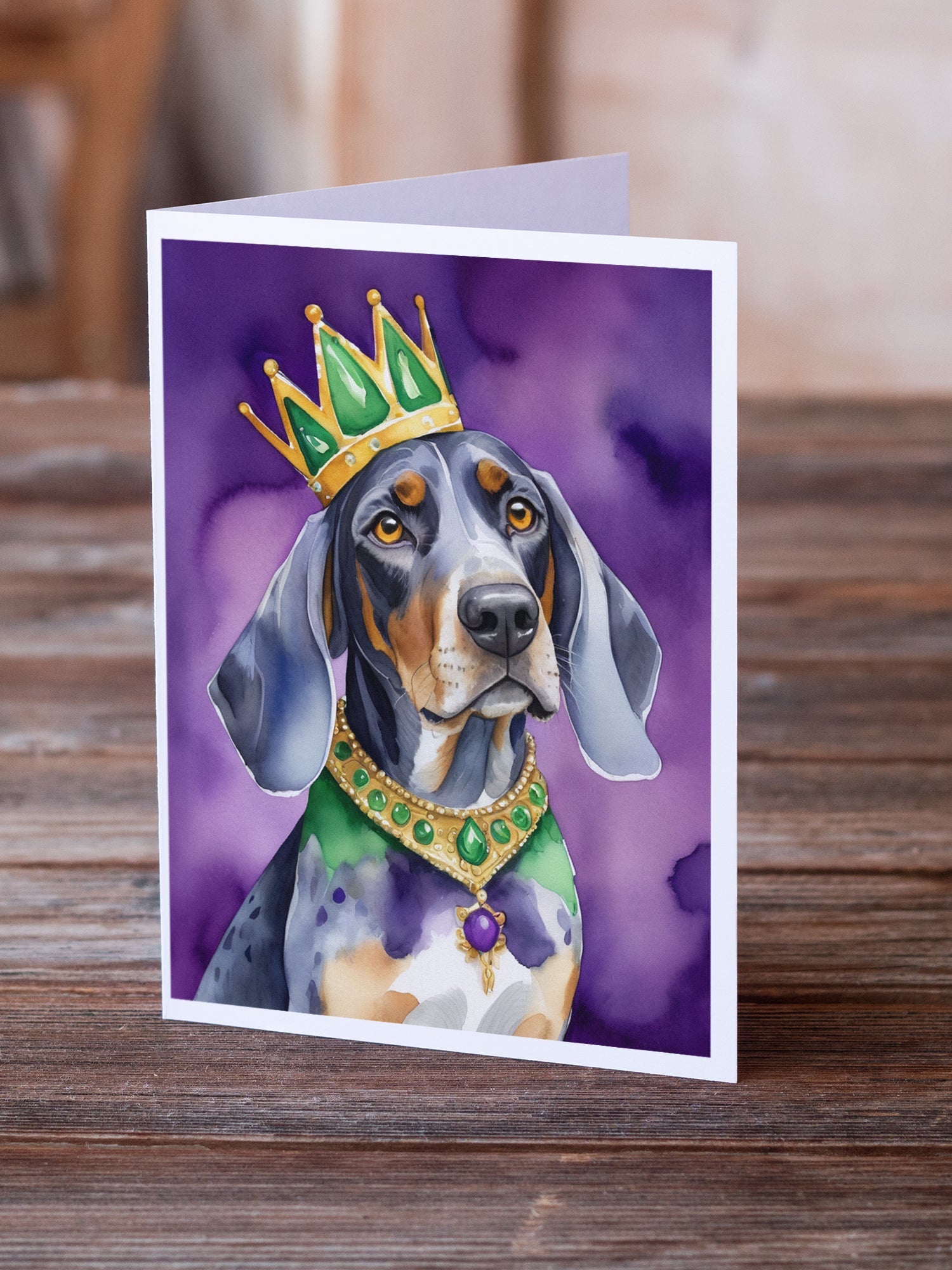 Bluetick Coonhound King of Mardi Gras Greeting Cards Pack of 8 Blank Cards with Envelopes Whimsical A7 Size 5x7