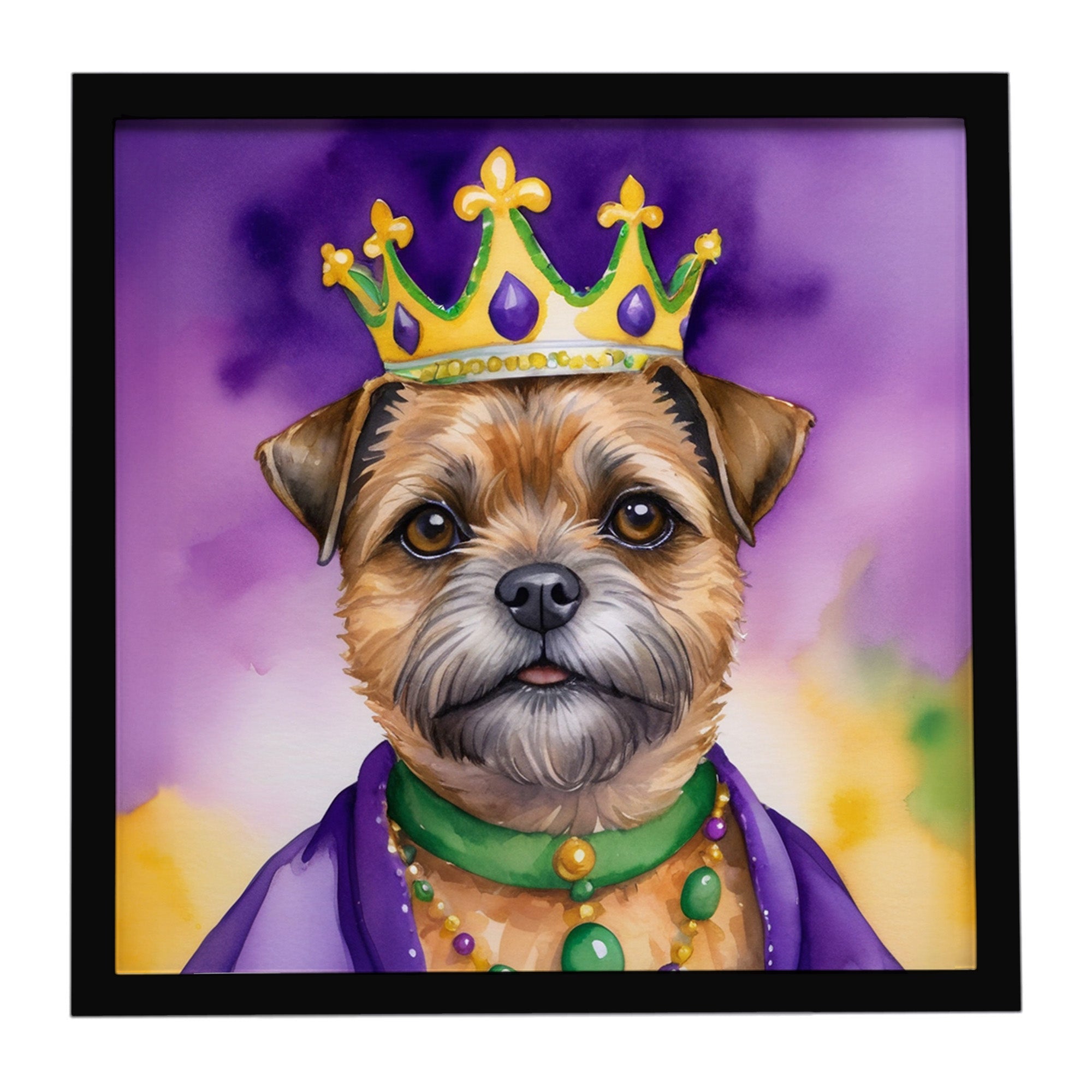Border Terrier King of Mardi Gras Framed Metal Print Bathroom, Kitchen, Office, Home Decor Wall Art Ready to Hang, Square, 8X8
