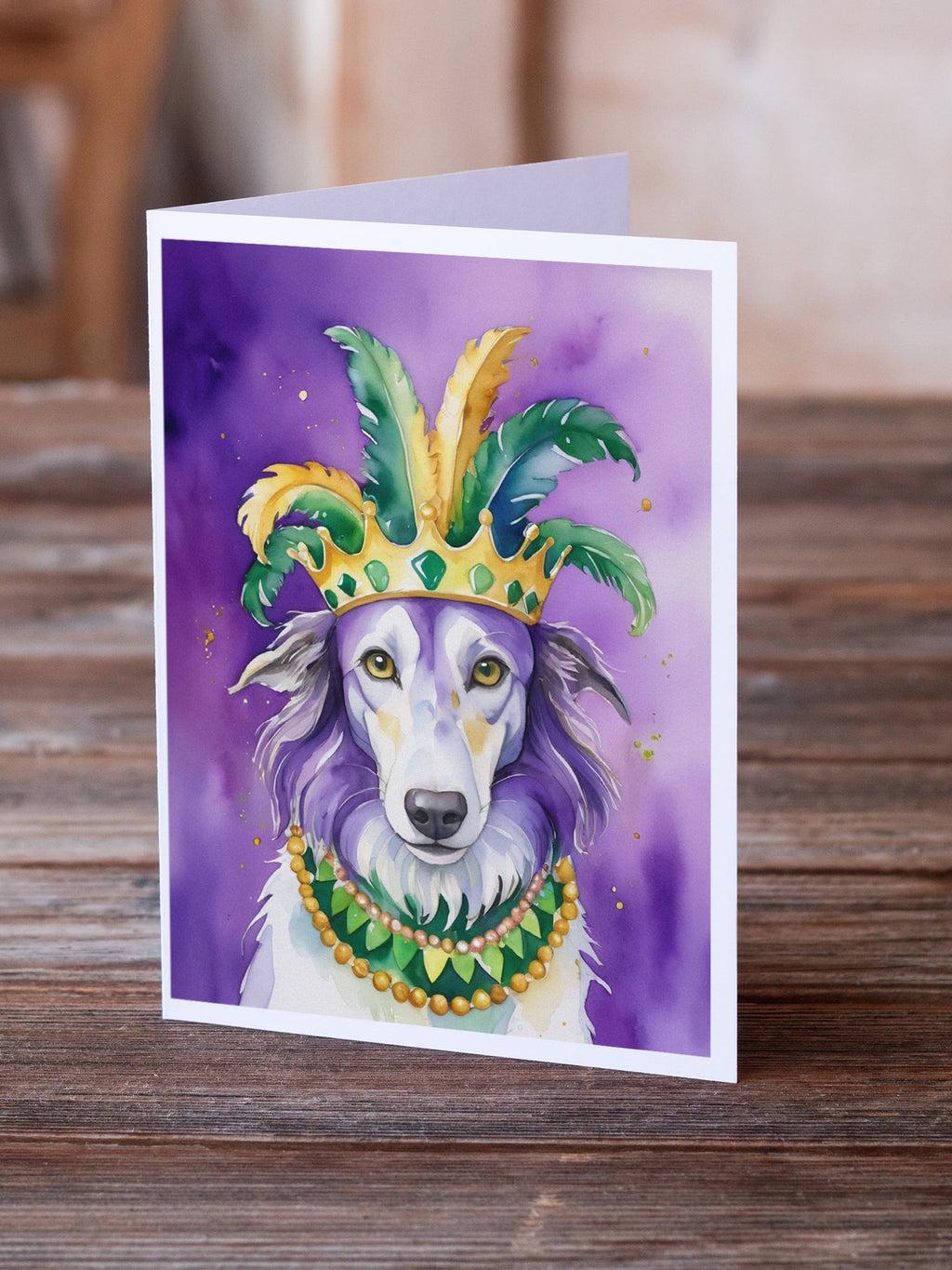 Borzoi King of Mardi Gras Greeting Cards Pack of 8 Blank Cards with Envelopes Whimsical A7 Size 5x7