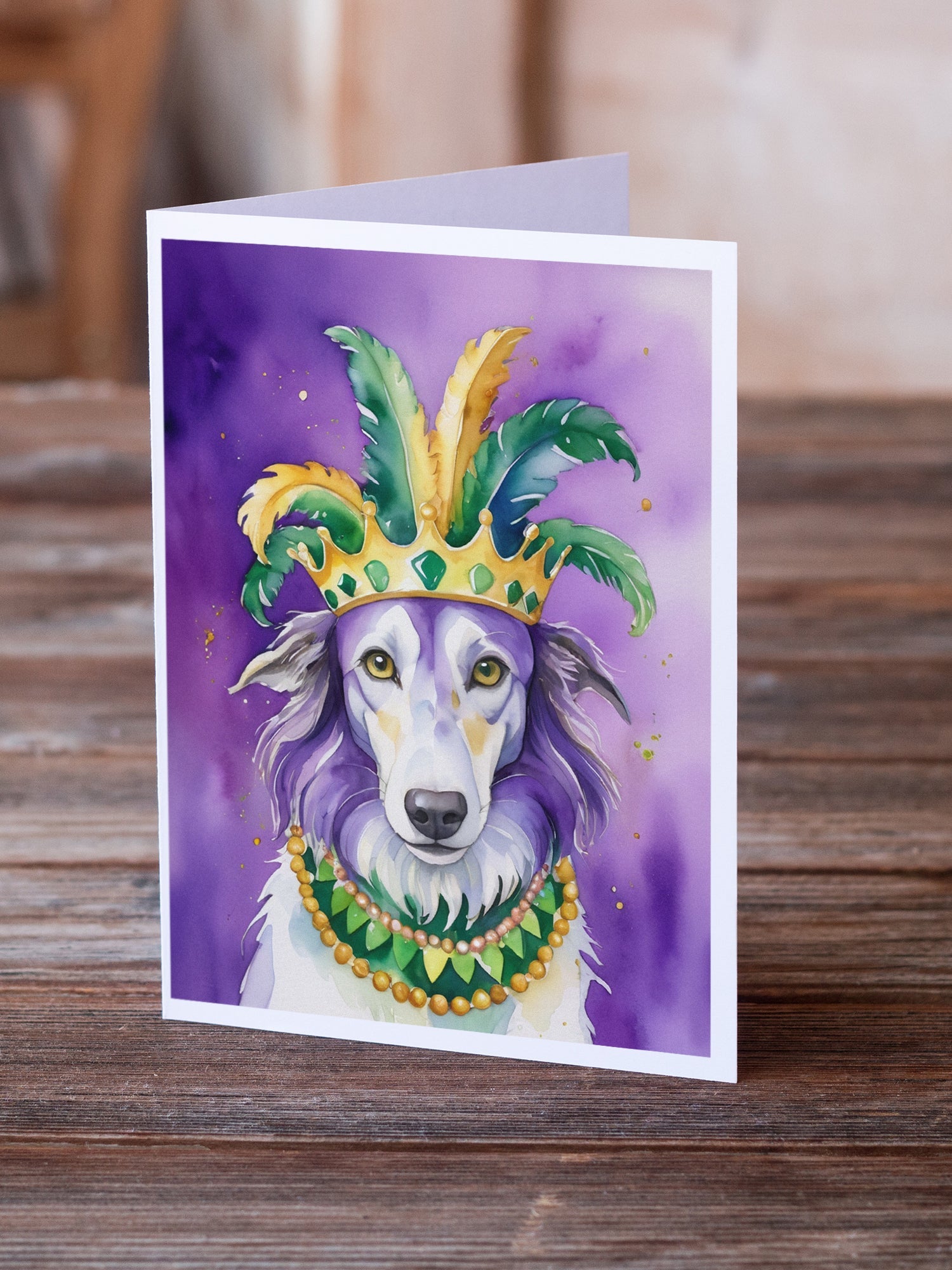 Borzoi King of Mardi Gras Greeting Cards Pack of 8 Blank Cards with Envelopes Whimsical A7 Size 5x7