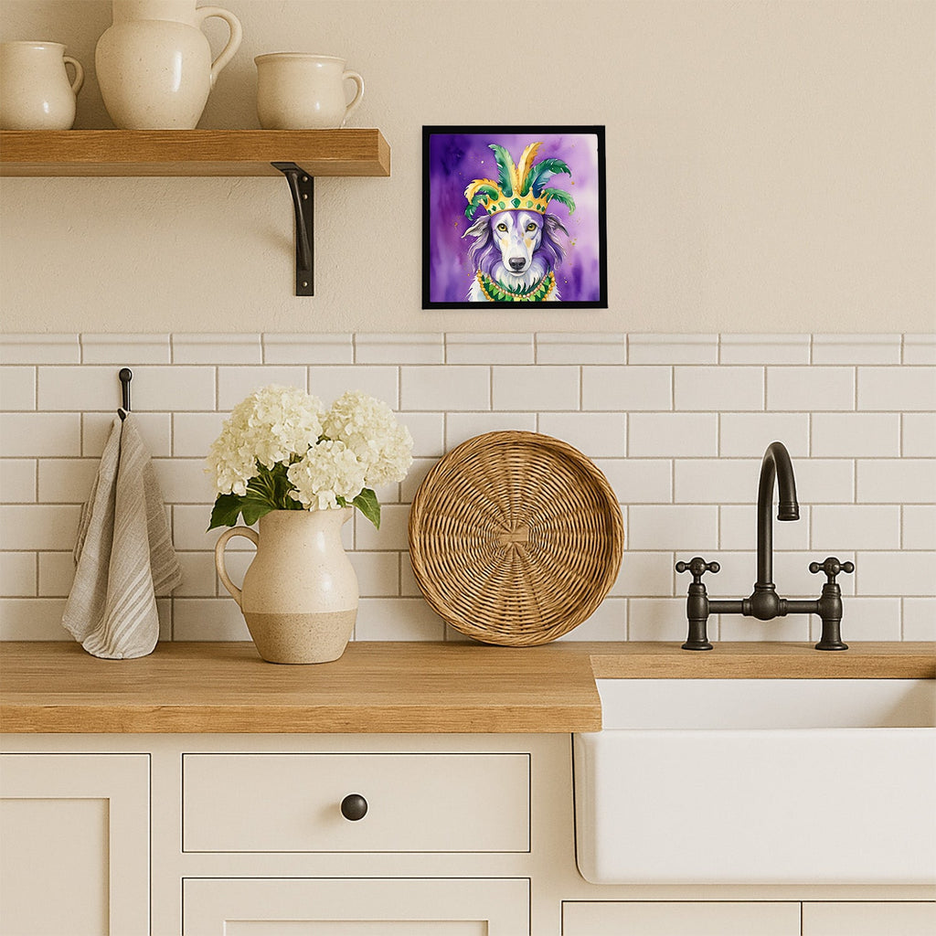 Borzoi King of Mardi Gras Framed Metal Print Bathroom, Kitchen, Office, Home Decor Wall Art Ready to Hang, Square, 8X8