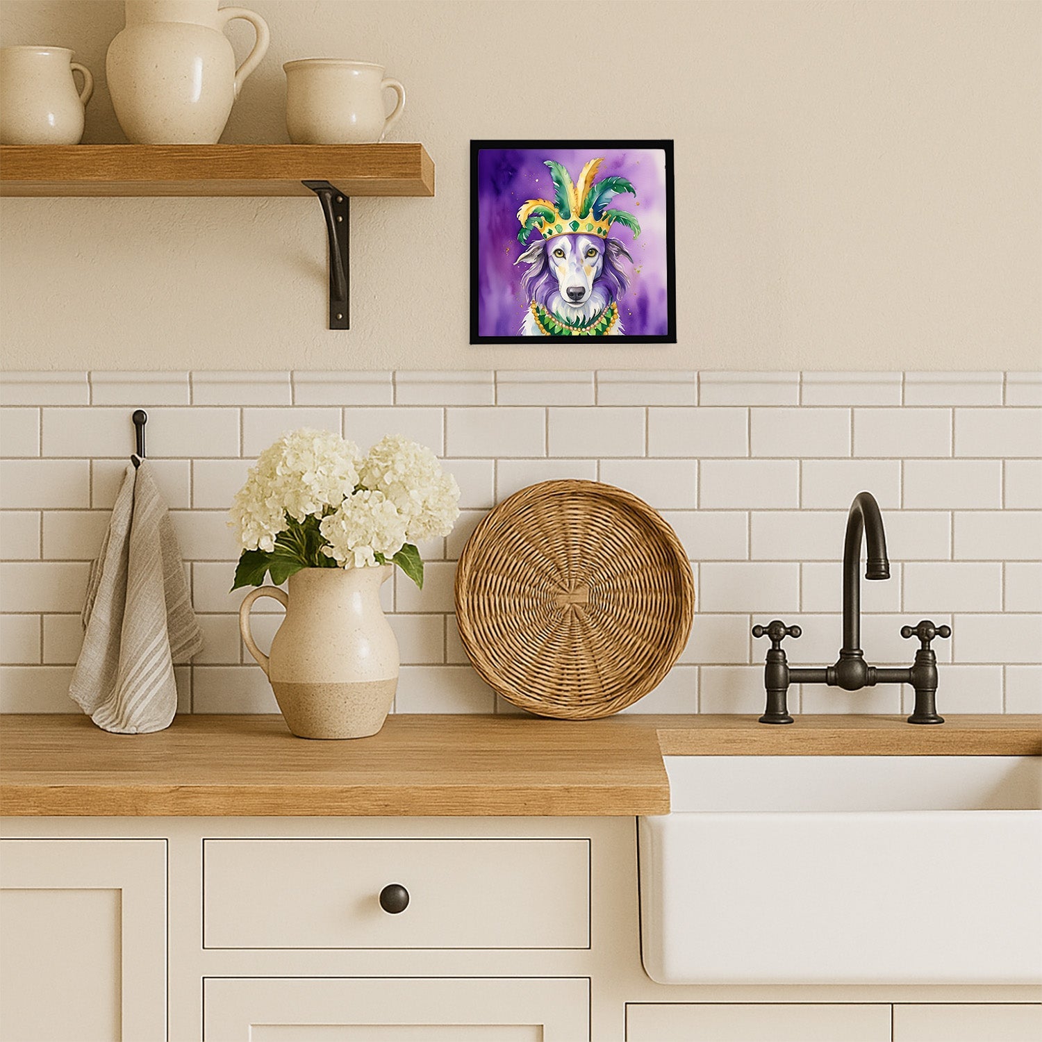Borzoi King of Mardi Gras Framed Metal Print Bathroom, Kitchen, Office, Home Decor Wall Art Ready to Hang, Square, 8X8