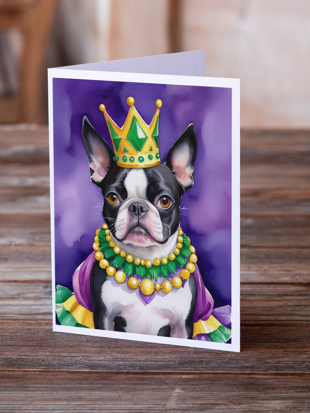 Boston Terrier King of Mardi Gras Greeting Cards Pack of 8 Blank Cards with Envelopes Whimsical A7 Size 5x7