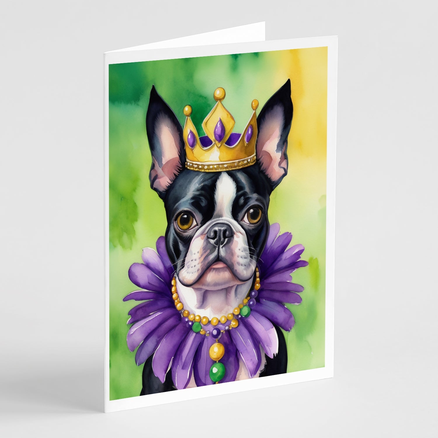 Boston Terrier King of Mardi Gras Greeting Cards Pack of 8 Blank Cards with Envelopes Whimsical A7 Size 5x7