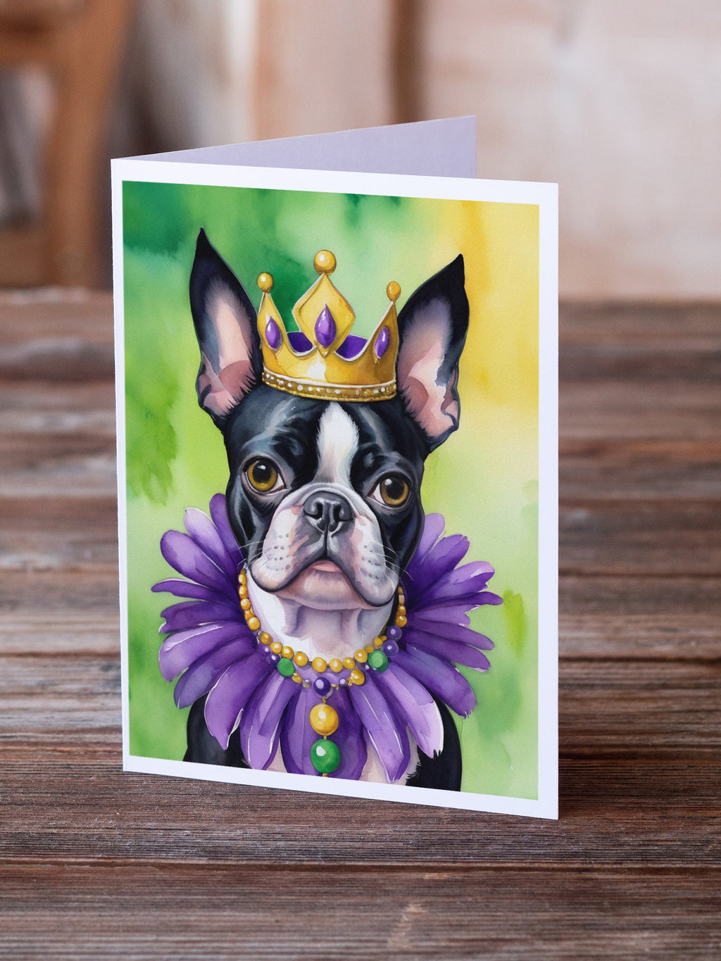Boston Terrier King of Mardi Gras Greeting Cards Pack of 8 Blank Cards with Envelopes Whimsical A7 Size 5x7