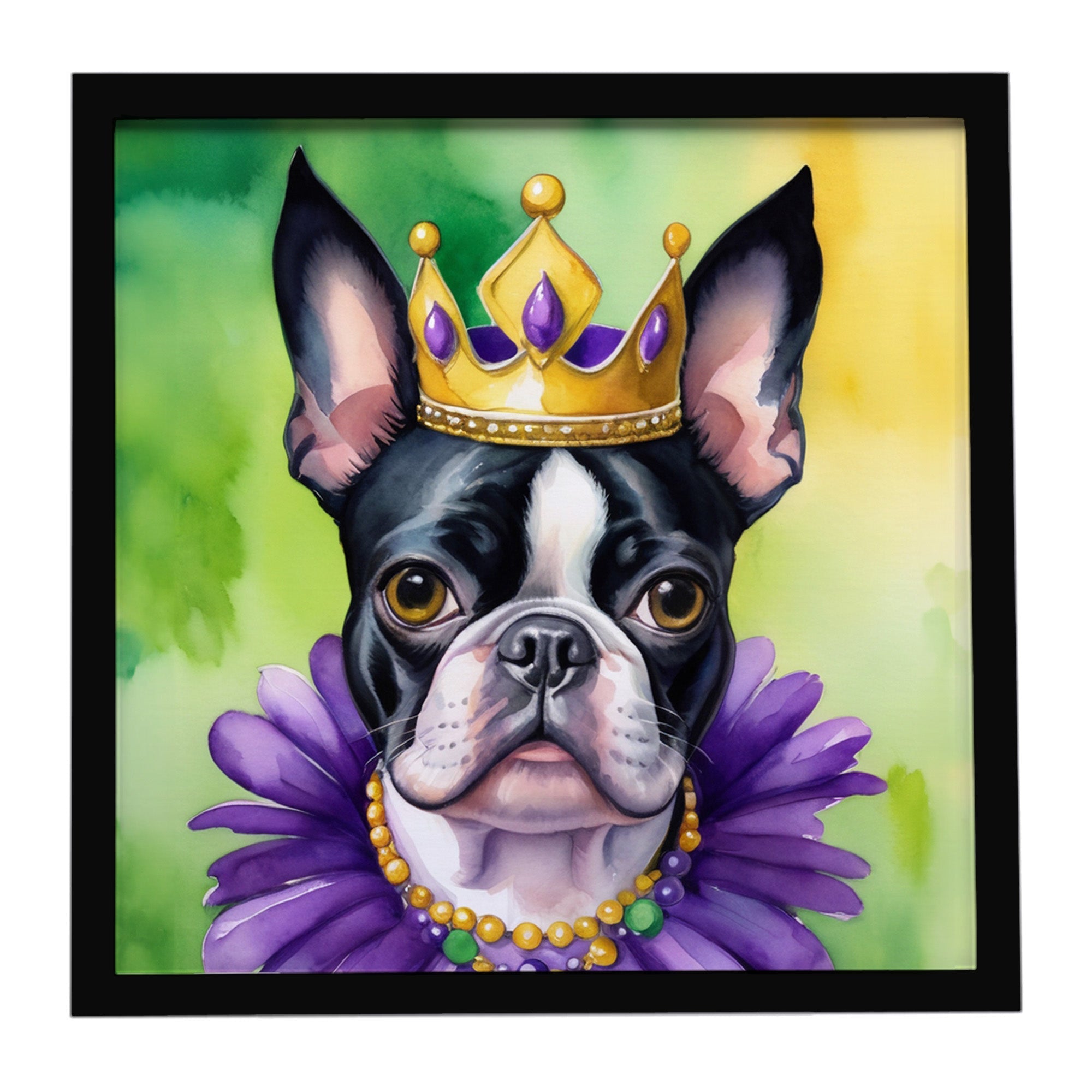 Boston Terrier King of Mardi Gras Framed Metal Print Bathroom, Kitchen, Office, Home Decor Wall Art Ready to Hang, Square, 8X8