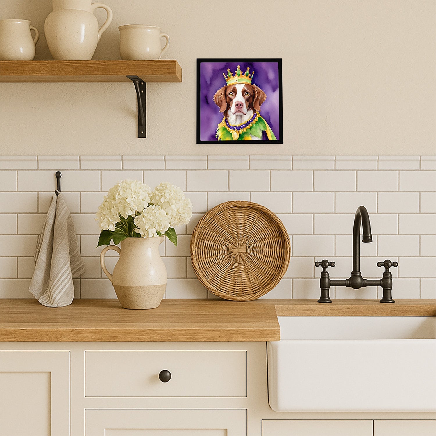 Brittany Spaniel King of Mardi Gras Framed Metal Print Bathroom, Kitchen, Office, Home Decor Wall Art Ready to Hang, Square, 8X8