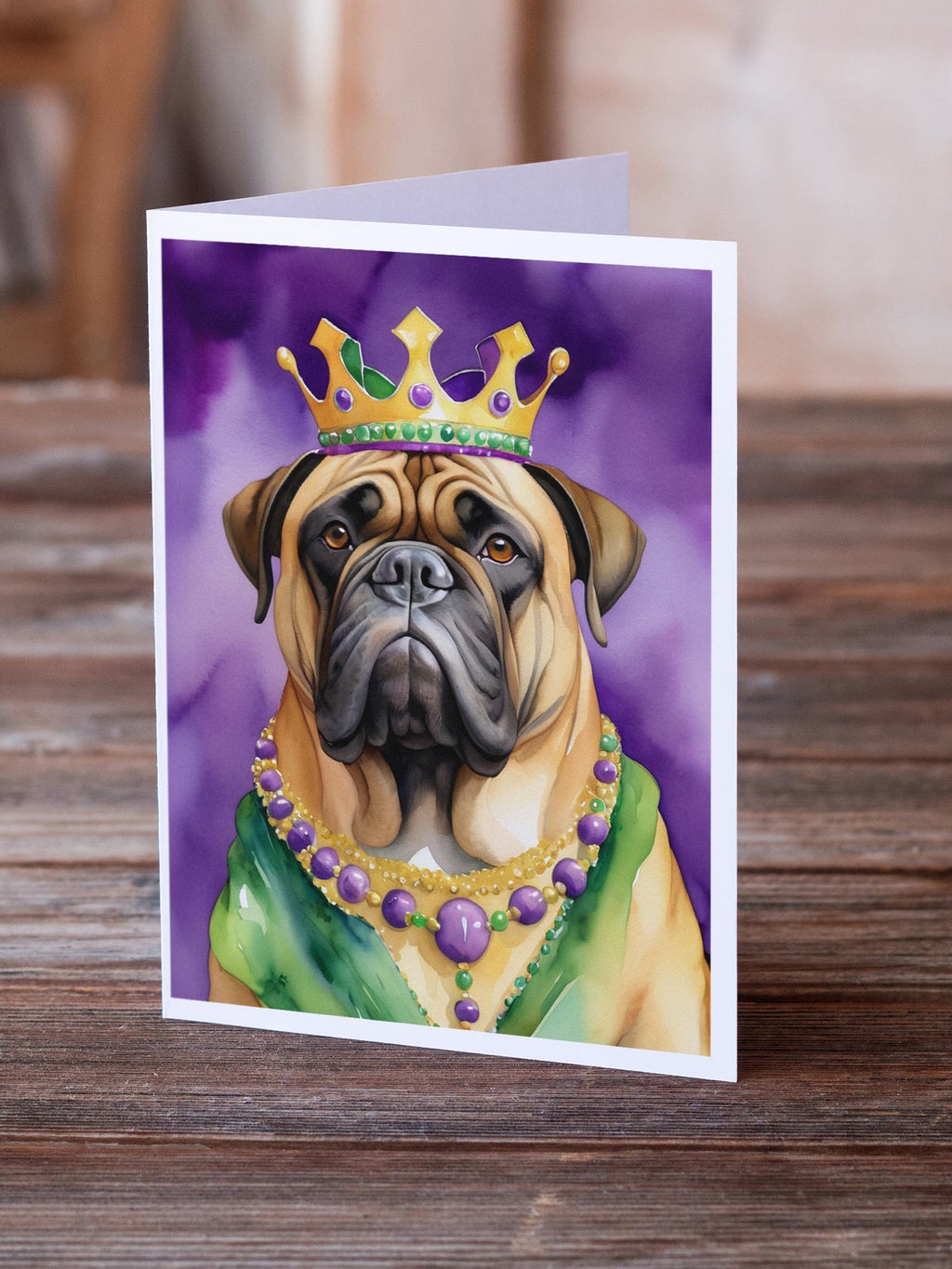 Bullmastiff King of Mardi Gras Greeting Cards Pack of 8 Blank Cards with Envelopes Whimsical A7 Size 5x7