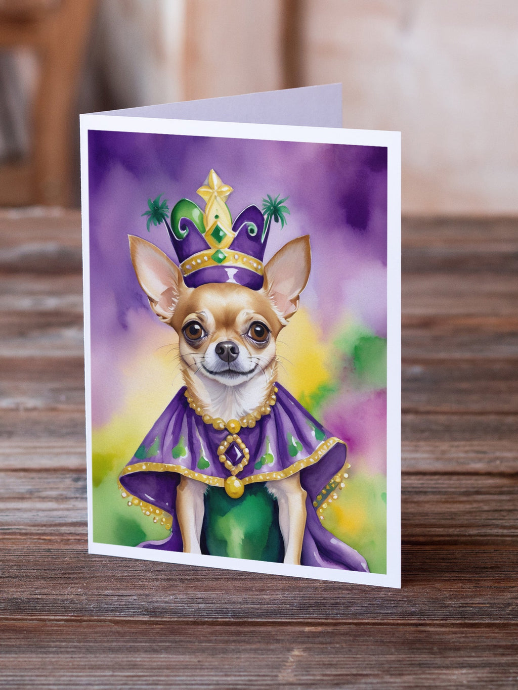 Chihuahua King of Mardi Gras Greeting Cards Pack of 8 Blank Cards with Envelopes Whimsical A7 Size 5x7