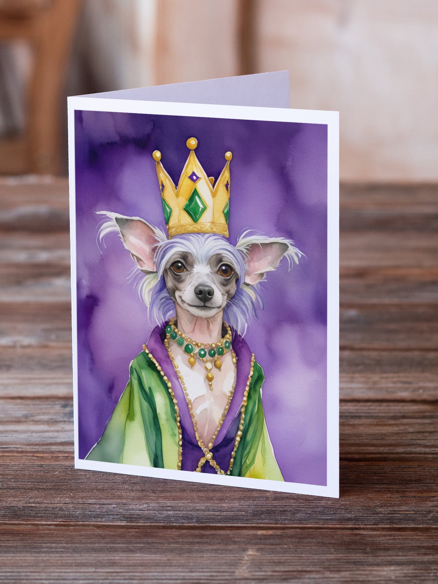 Chinese Crested King of Mardi Gras Greeting Cards Pack of 8 Blank Cards with Envelopes Whimsical A7 Size 5x7