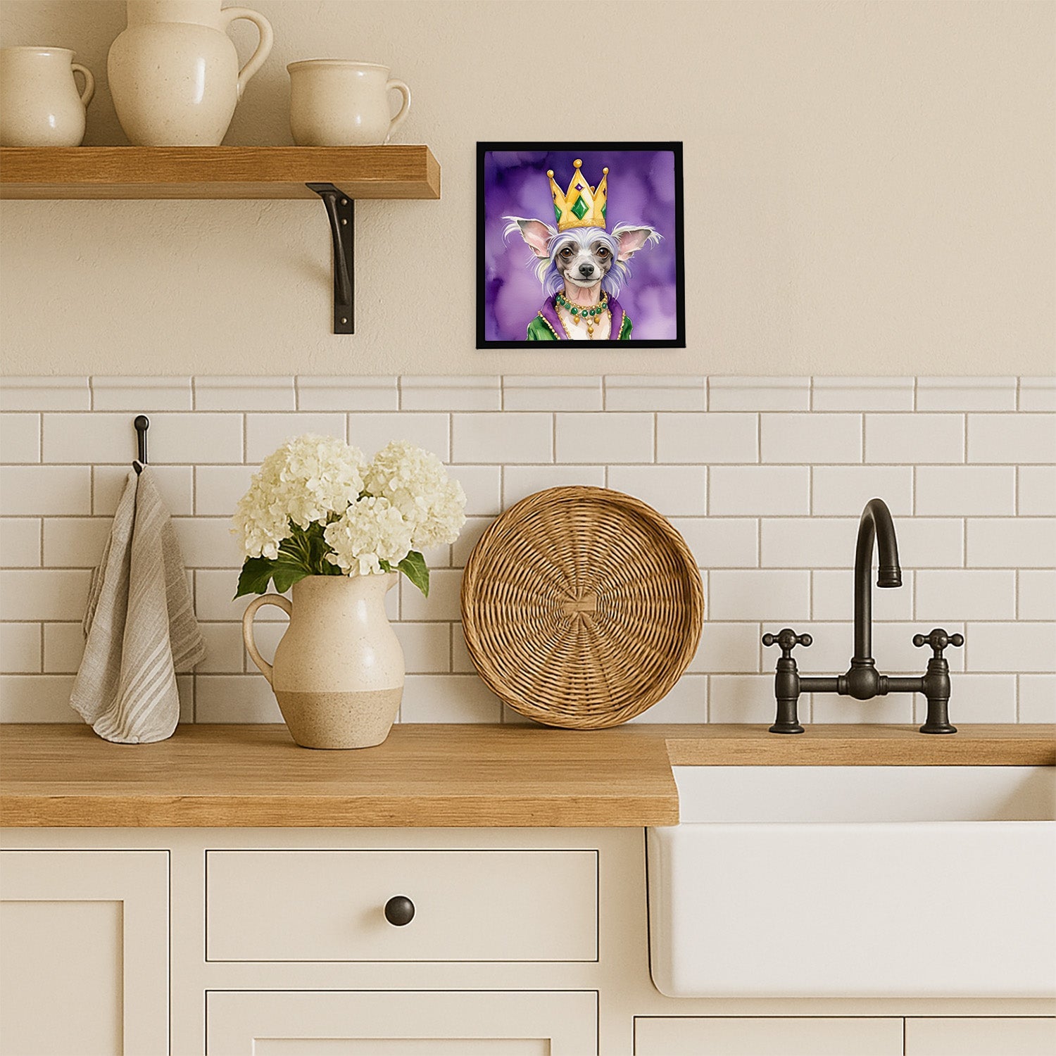 Chinese Crested King of Mardi Gras Framed Metal Print Bathroom, Kitchen, Office, Home Decor Wall Art Ready to Hang, Square, 8X8