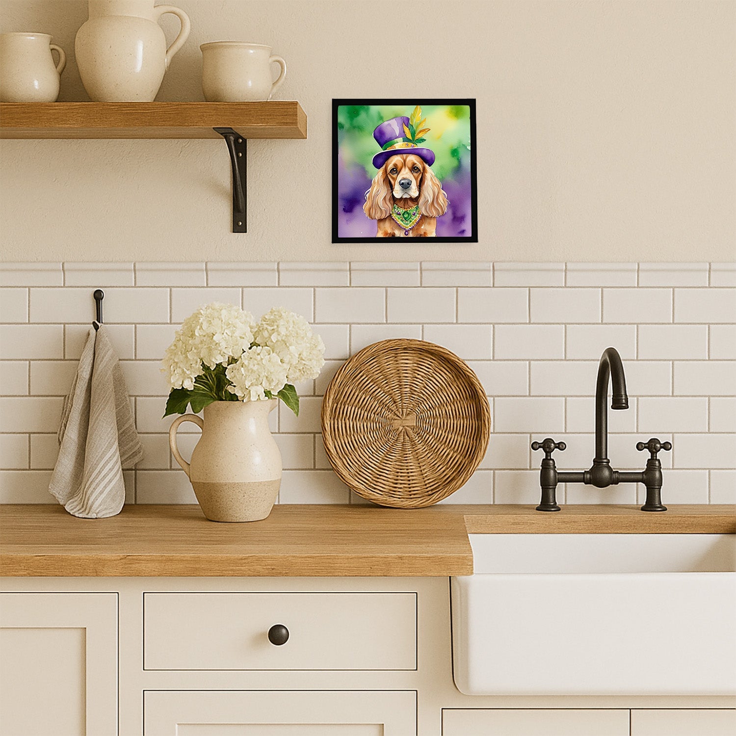 Cocker Spaniel King of Mardi Gras Framed Metal Print Bathroom, Kitchen, Office, Home Decor Wall Art Ready to Hang, Square, 8X8