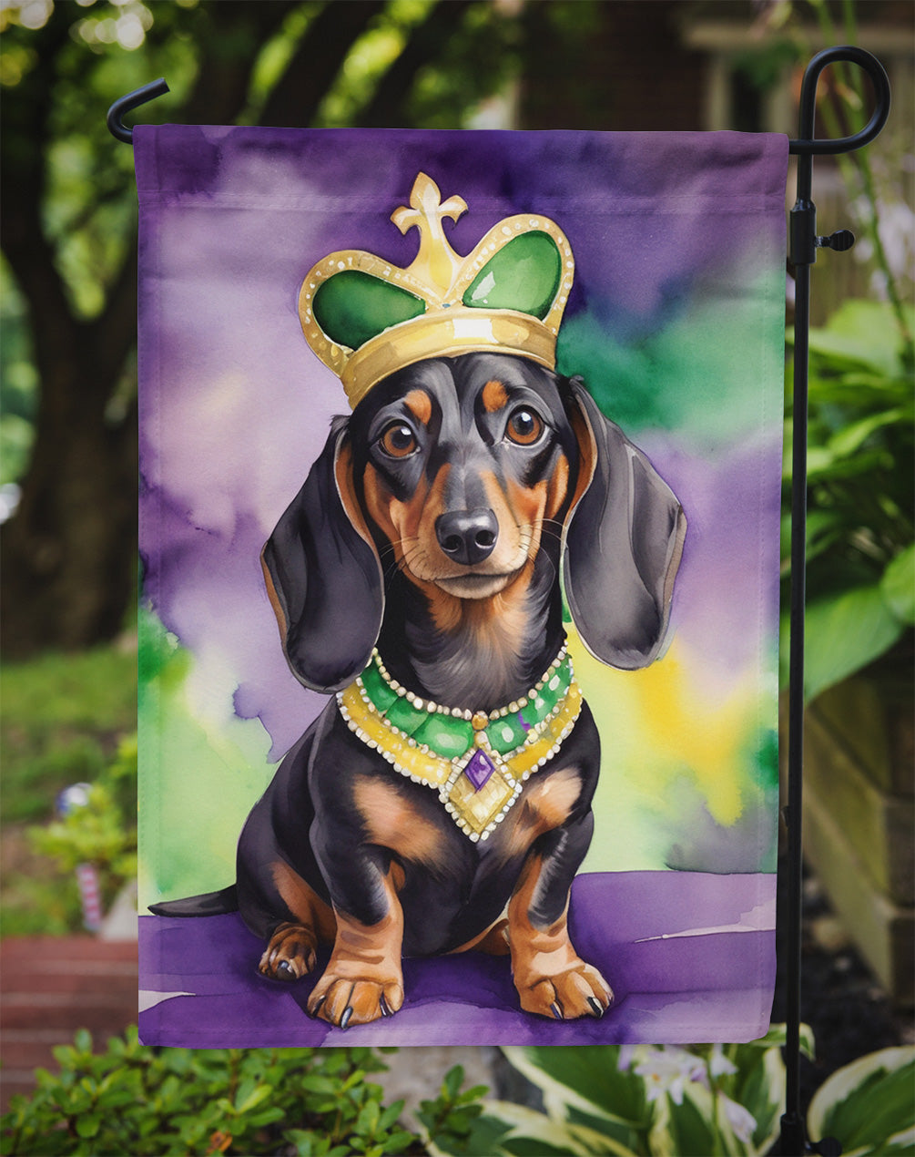 Dachshund King of Mardi Gras Garden Flag Mailbox Decorative Yard Banner Outside Patio Artwork for Flower Beds, Garden Size, Multicolor