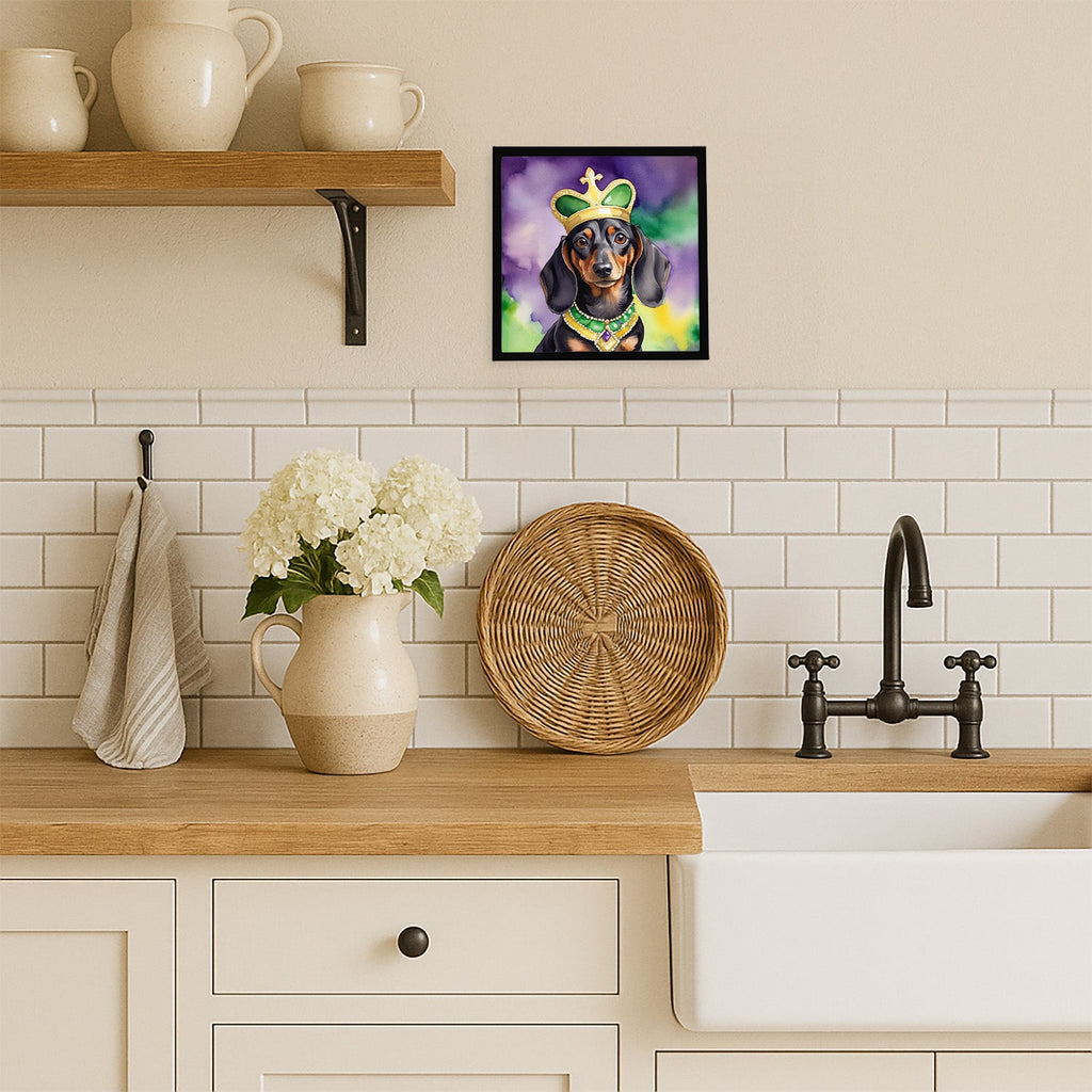 Dachshund King of Mardi Gras Framed Metal Print Bathroom, Kitchen, Office, Home Decor Wall Art Ready to Hang, Square, 8X8