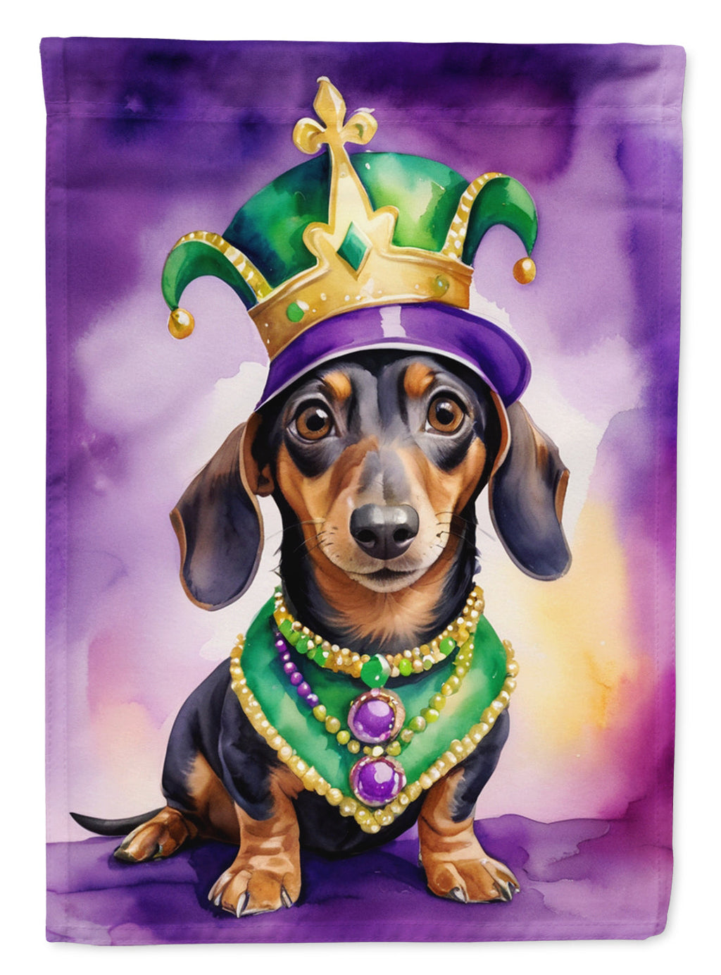 Dachshund King of Mardi Gras House Flag 28x40 Porch Sleeve Pole Decorative Outside Yard Banner Artwork Wall Hanging, Polyester