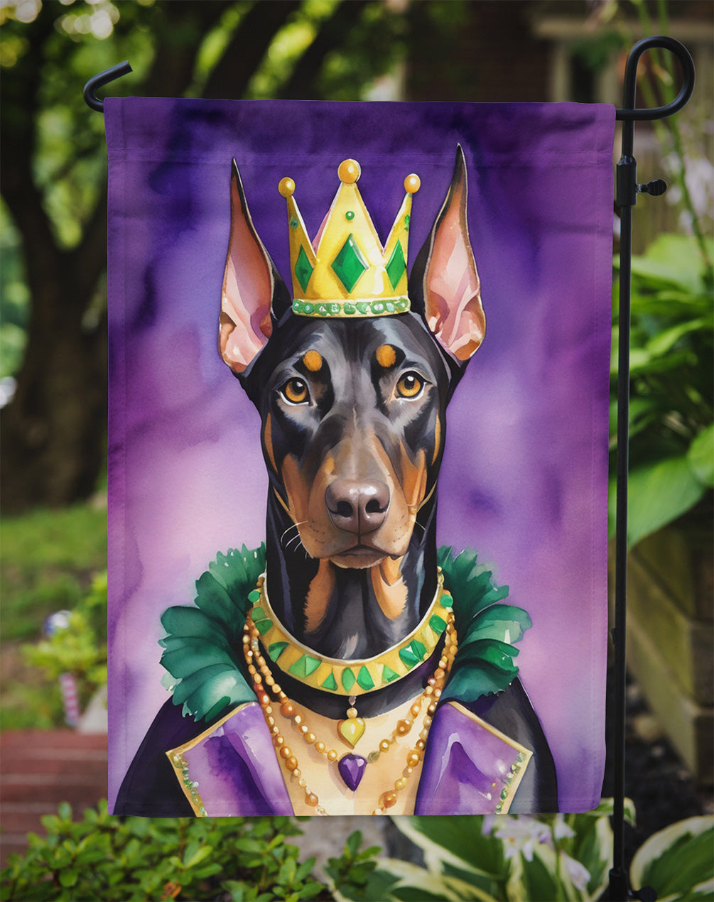 Doberman Pinscher King of Mardi Gras Garden Flag Mailbox Decorative Yard Banner Outside Patio Artwork for Flower Beds, Garden Size, Multicolor