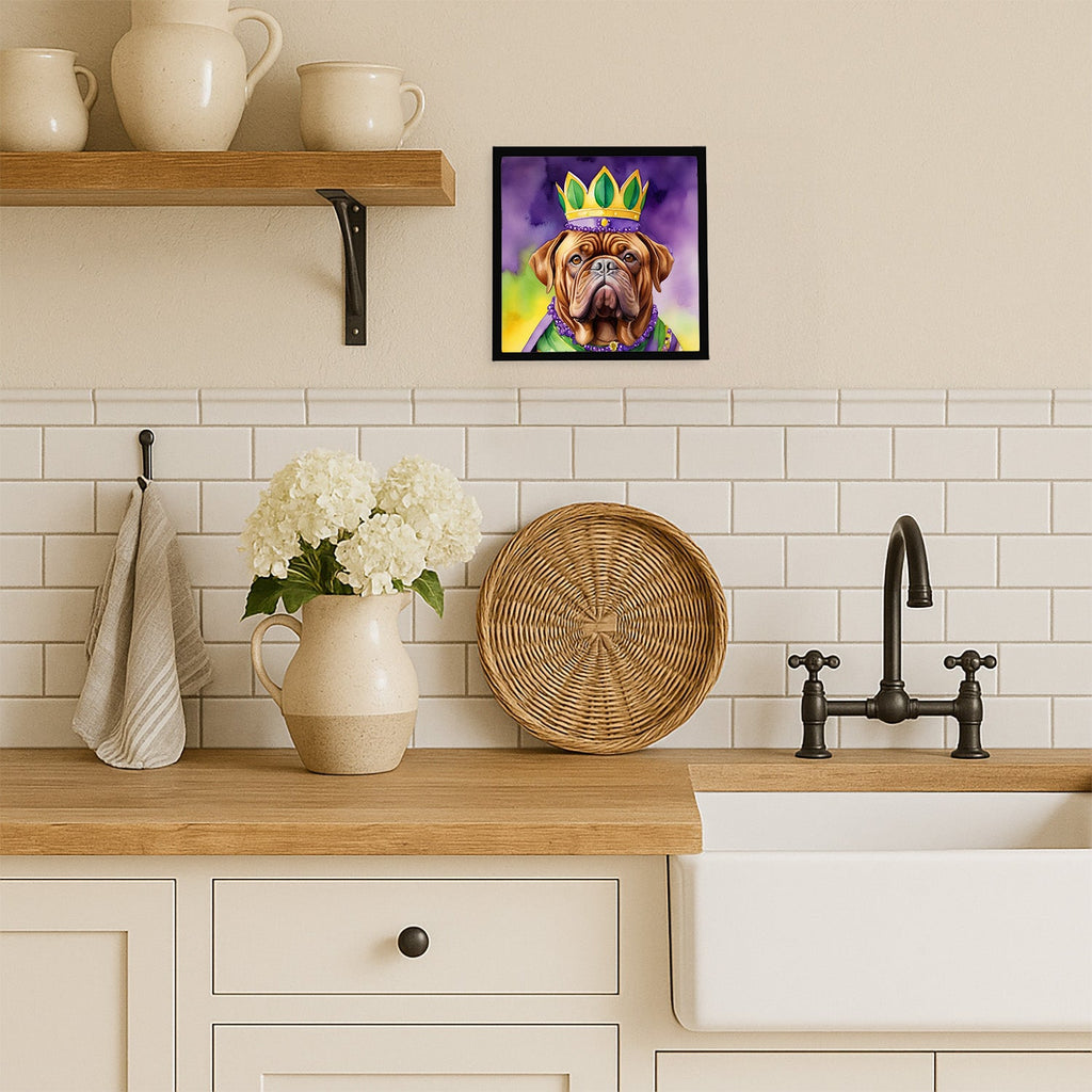 Dogue de Bordeaux King of Mardi Gras Framed Metal Print Bathroom, Kitchen, Office, Home Decor Wall Art Ready to Hang, Square, 8X8
