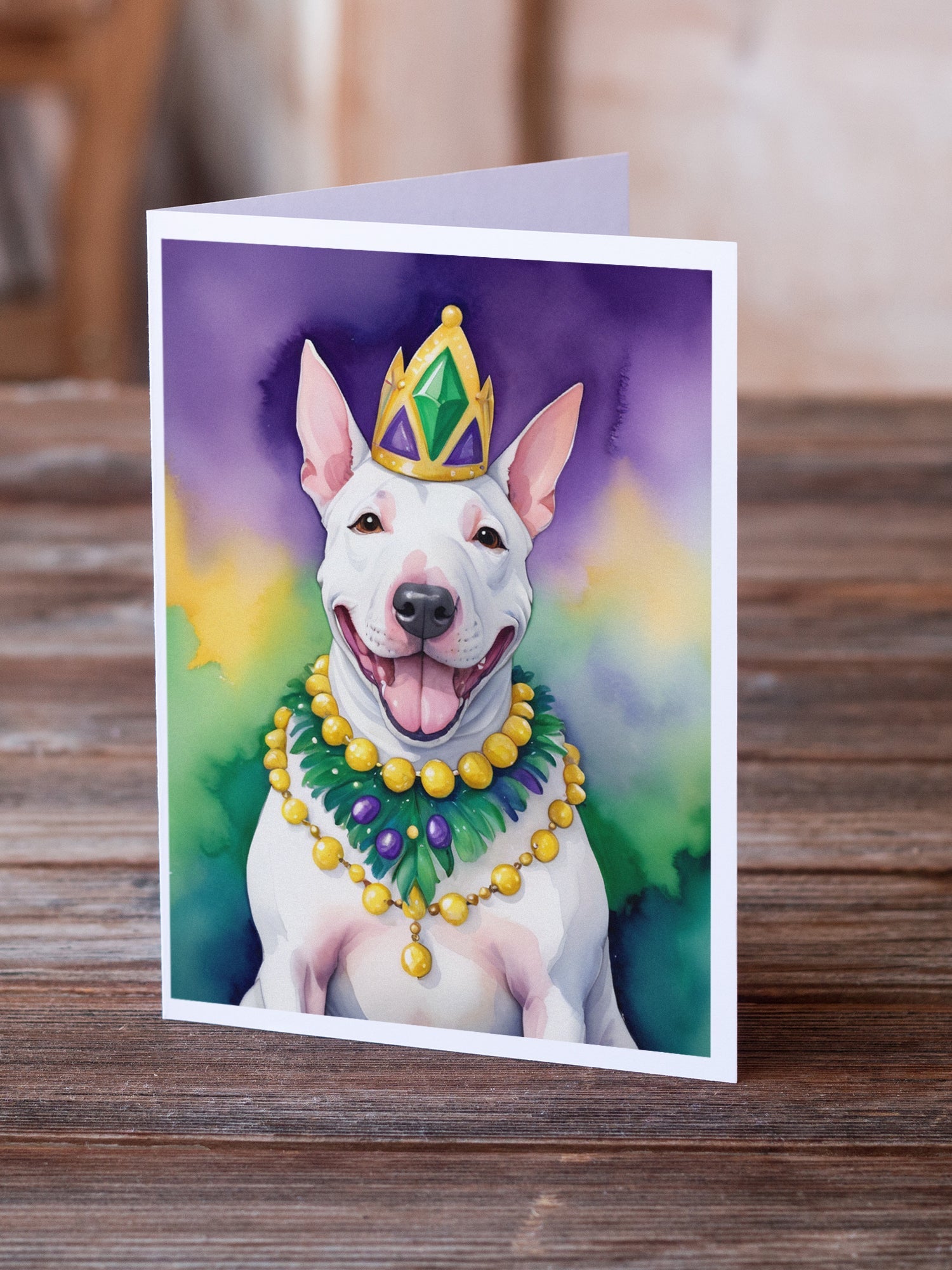 English Bull Terrier King of Mardi Gras Greeting Cards Pack of 8 Blank Cards with Envelopes Whimsical A7 Size 5x7