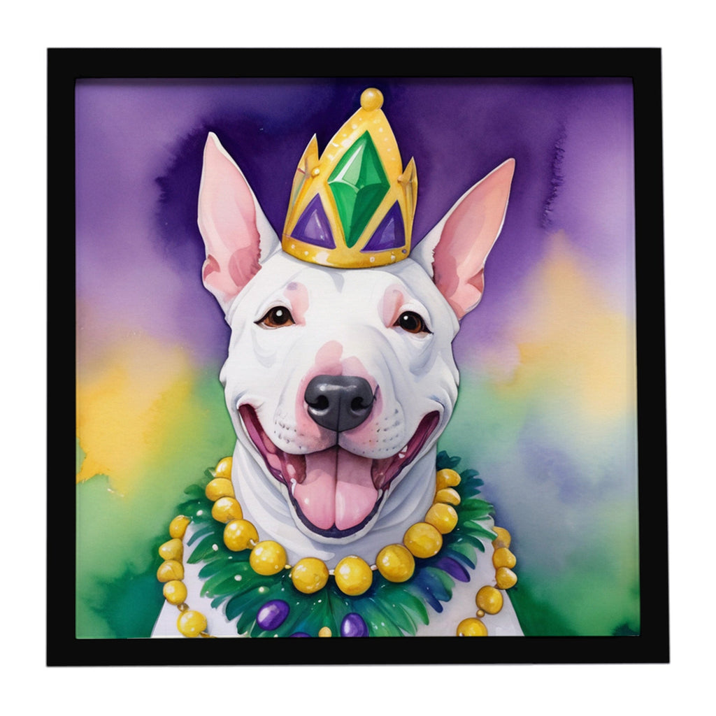 English Bull Terrier King of Mardi Gras Framed Metal Print Bathroom, Kitchen, Office, Home Decor Wall Art Ready to Hang, Square, 8X8
